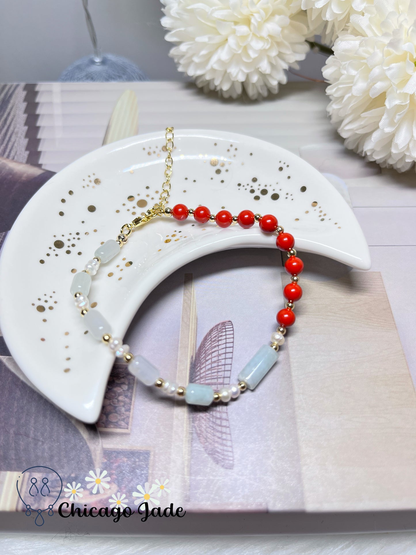 Natural Freshwater Pearls Natural Untreated Jadeite Jade Feicui Beaded Bracelet