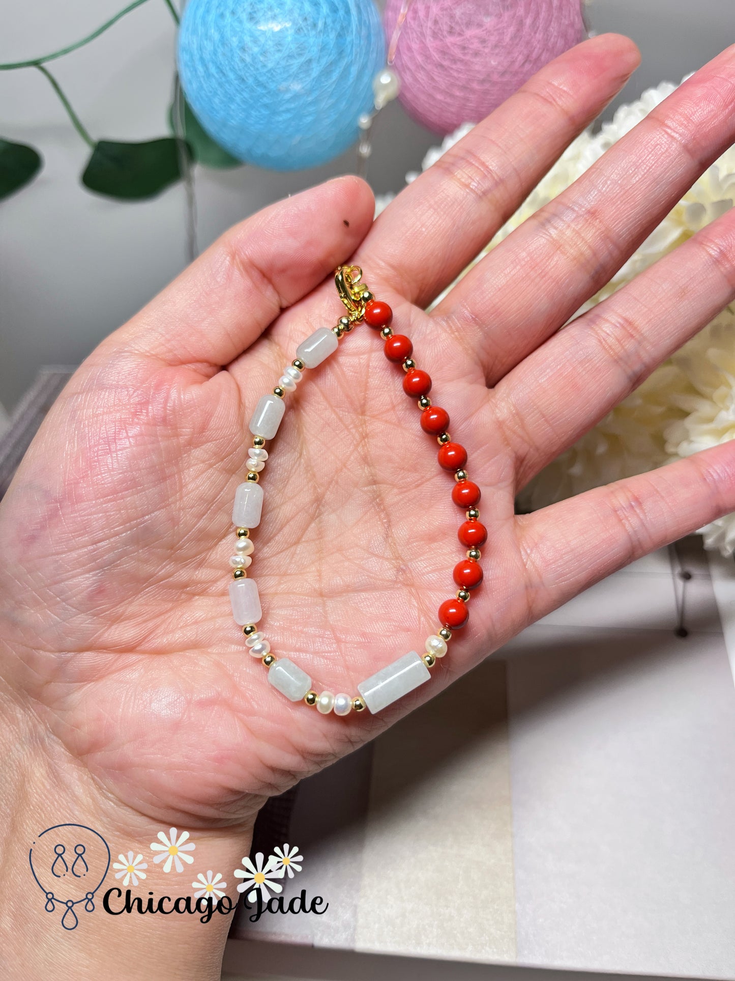 Natural Freshwater Pearls Natural Untreated Jadeite Jade Feicui Beaded Bracelet