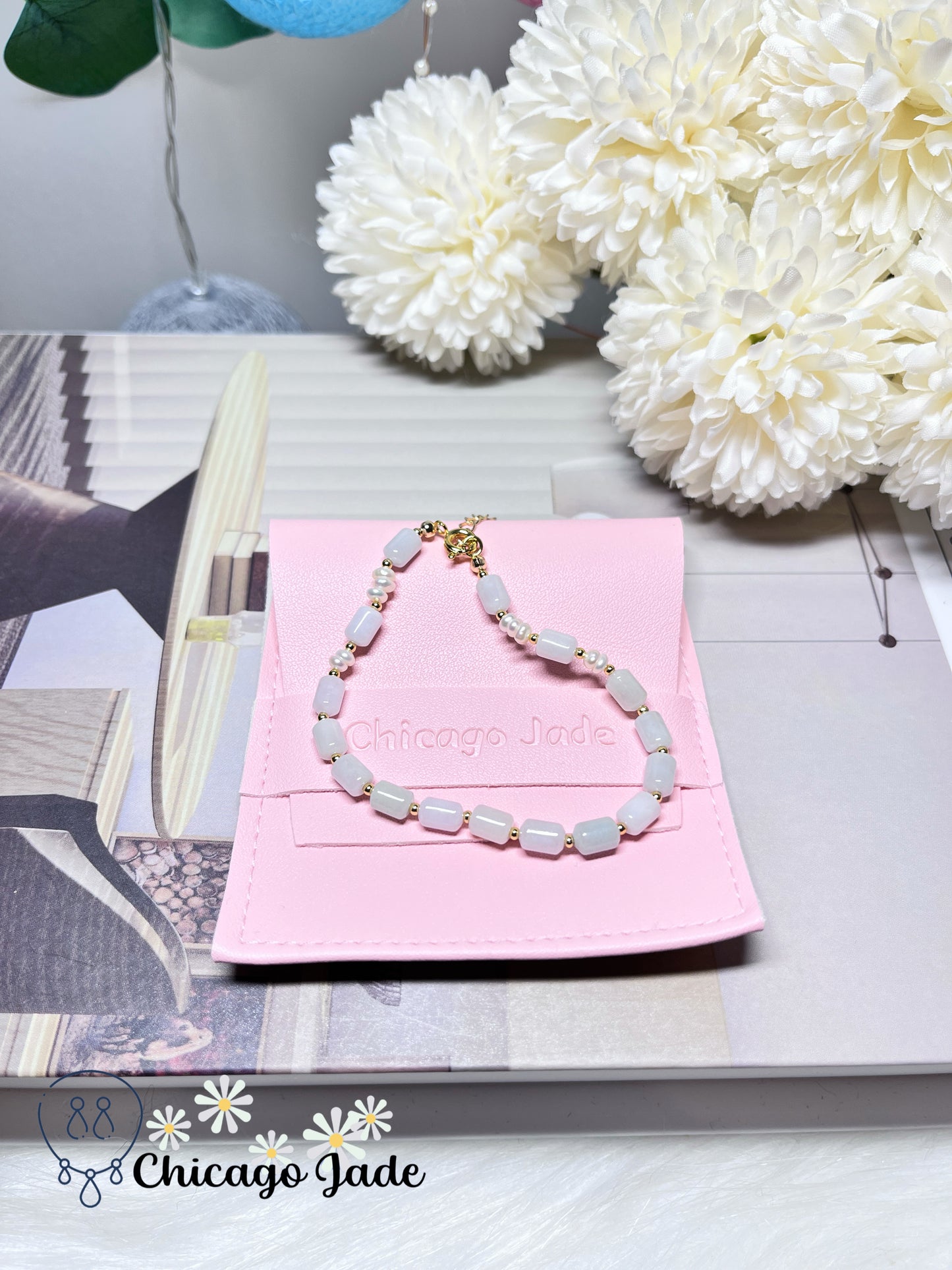 Natural Freshwater Pearl with Natural Grade A Untreated Burma Jadeite Jade Feicui Beaded Bracelet