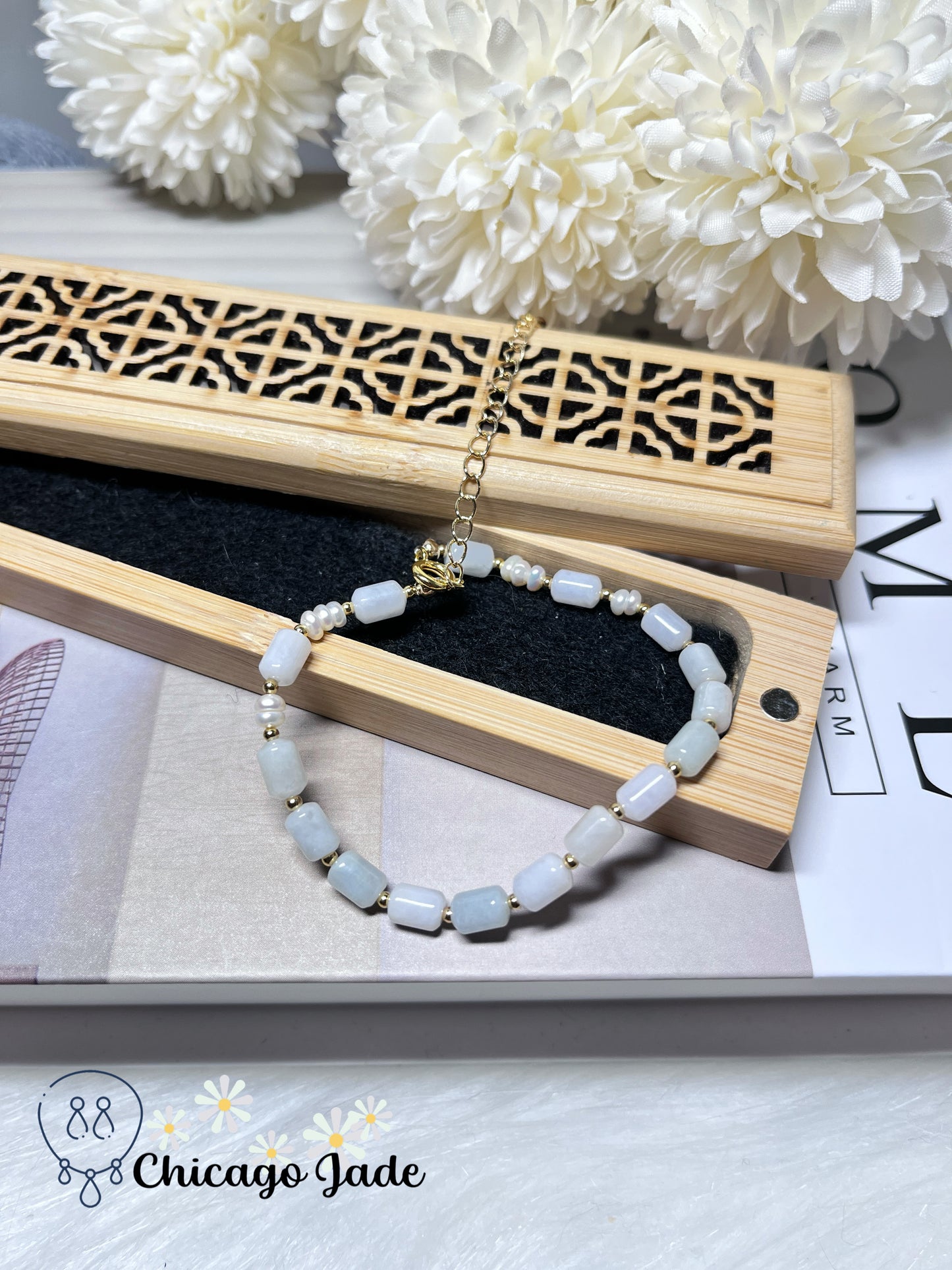 Natural Freshwater Pearl with Natural Grade A Untreated Burma Jadeite Jade Feicui Beaded Bracelet