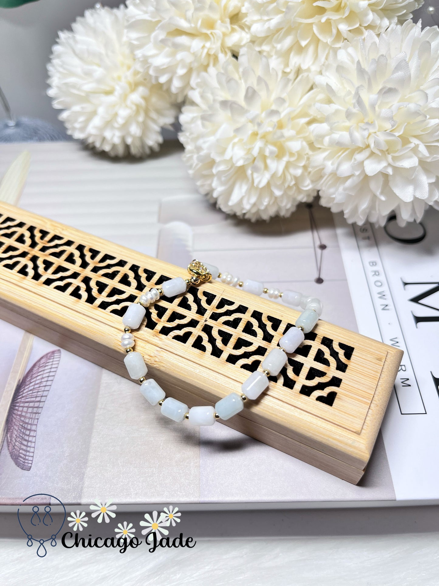 Natural Freshwater Pearl with Natural Grade A Untreated Burma Jadeite Jade Feicui Beaded Bracelet