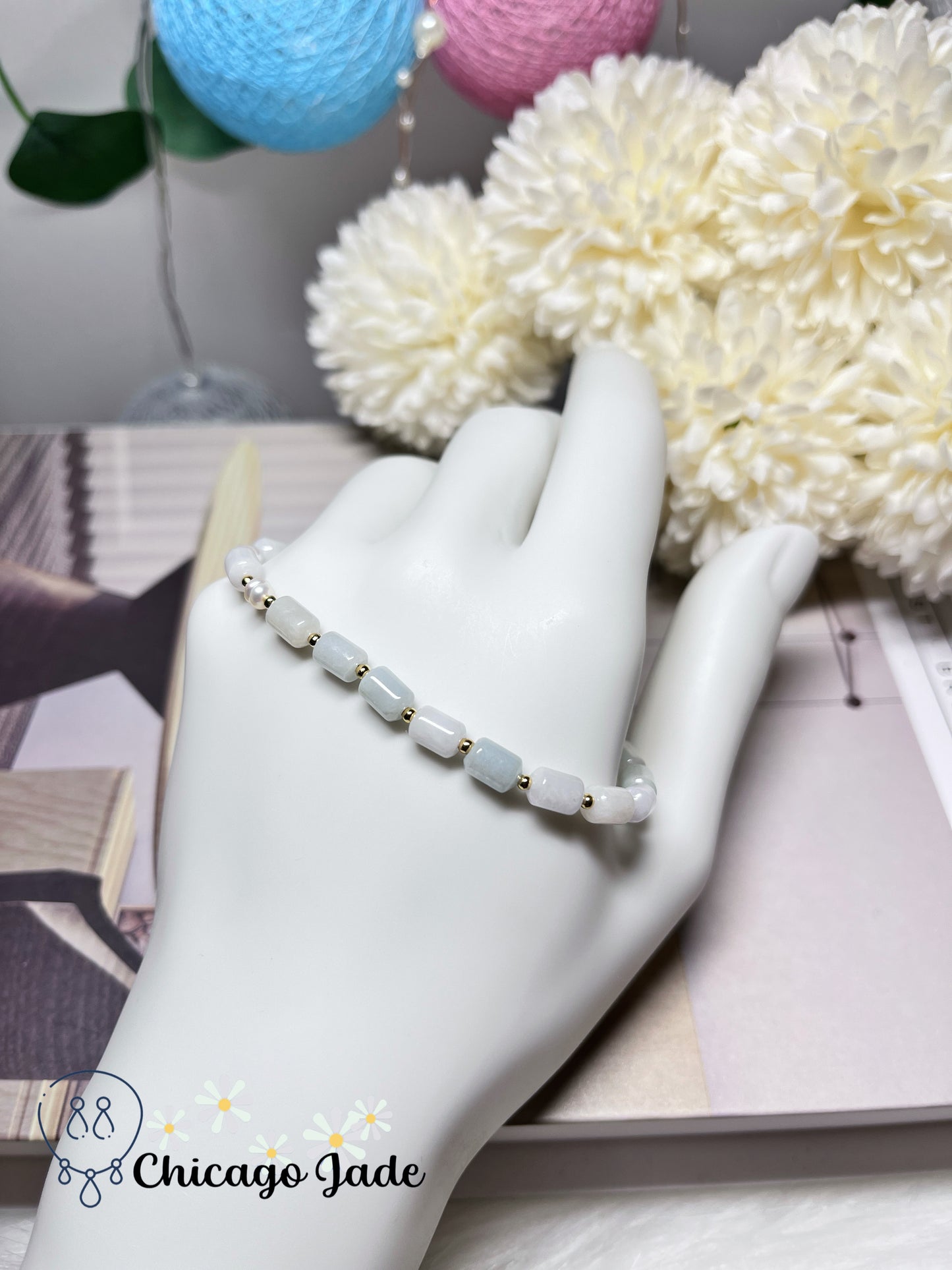 Natural Freshwater Pearl with Natural Grade A Untreated Burma Jadeite Jade Feicui Beaded Bracelet