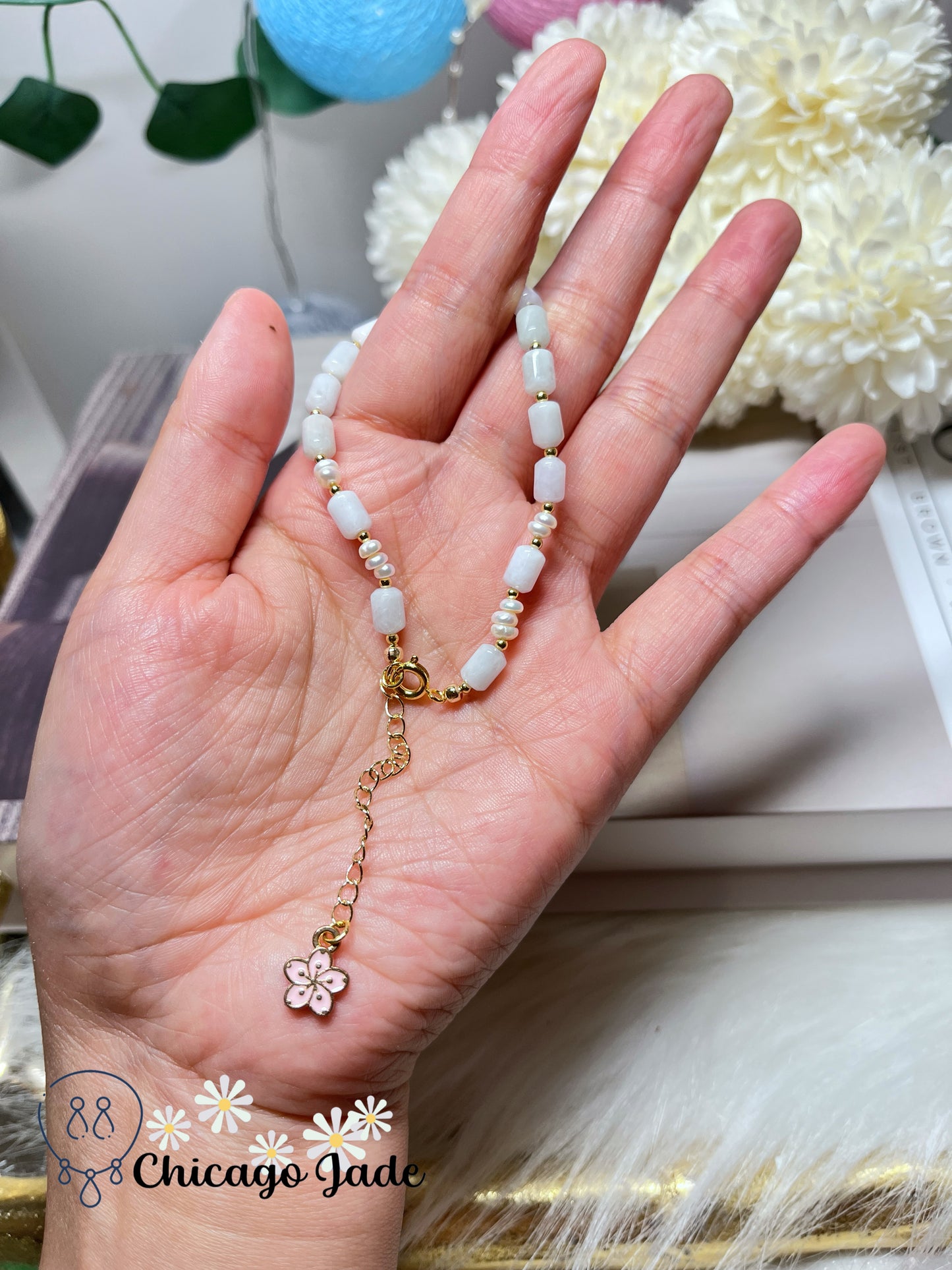 Natural Freshwater Pearl with Natural Grade A Untreated Burma Jadeite Jade Feicui Beaded Bracelet