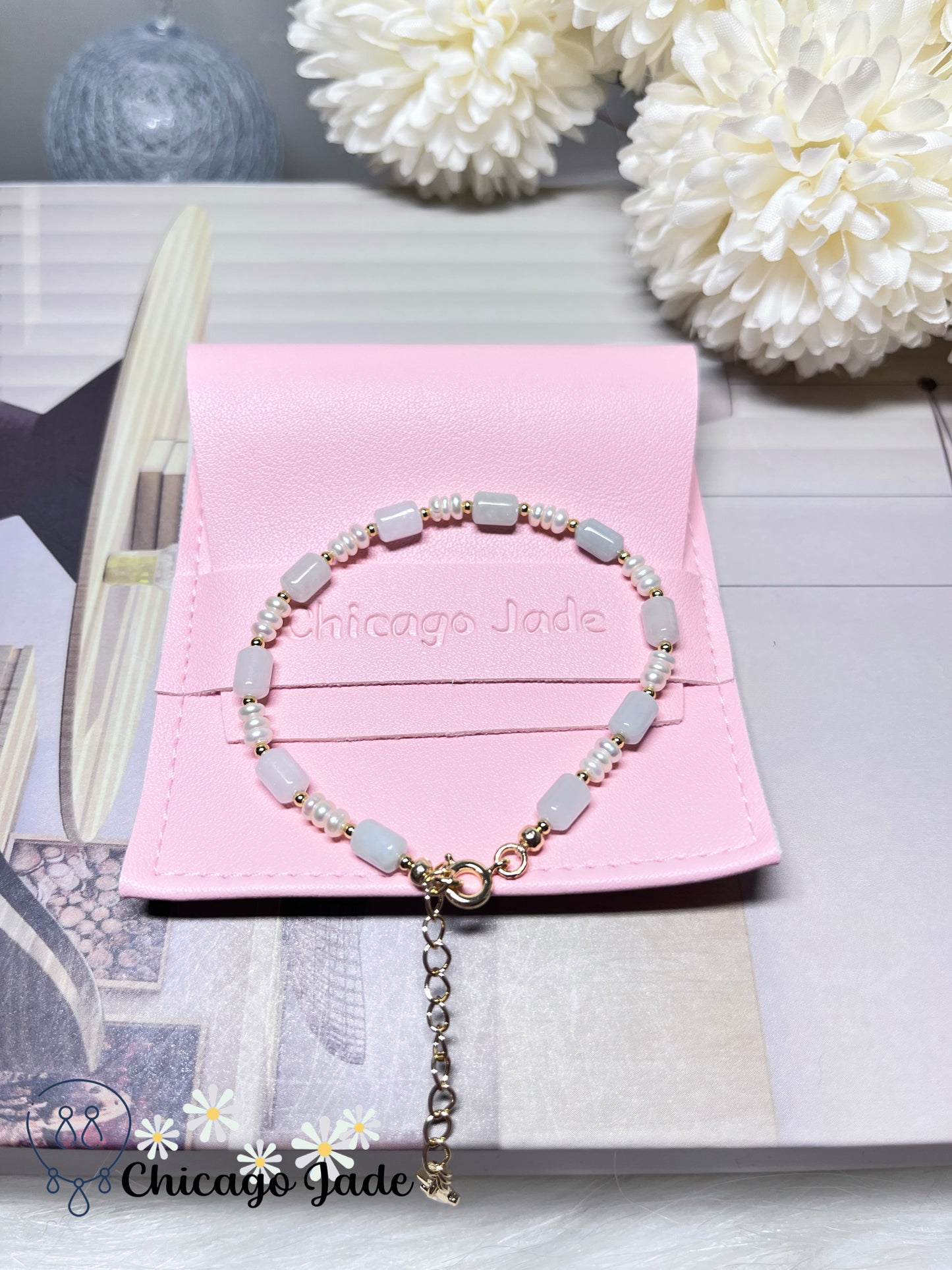 Elegant Pearl and Natural Jadeite Jade Feicui Beaded Bracelet Adjustable Handmade Untreated Grade A