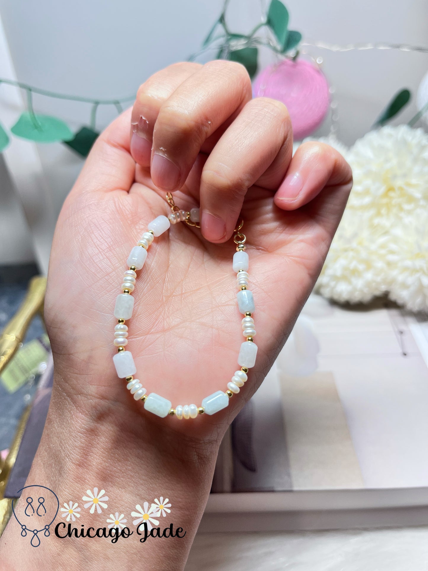 Elegant Pearl and Natural Jadeite Jade Feicui Beaded Bracelet Adjustable Handmade Untreated Grade A
