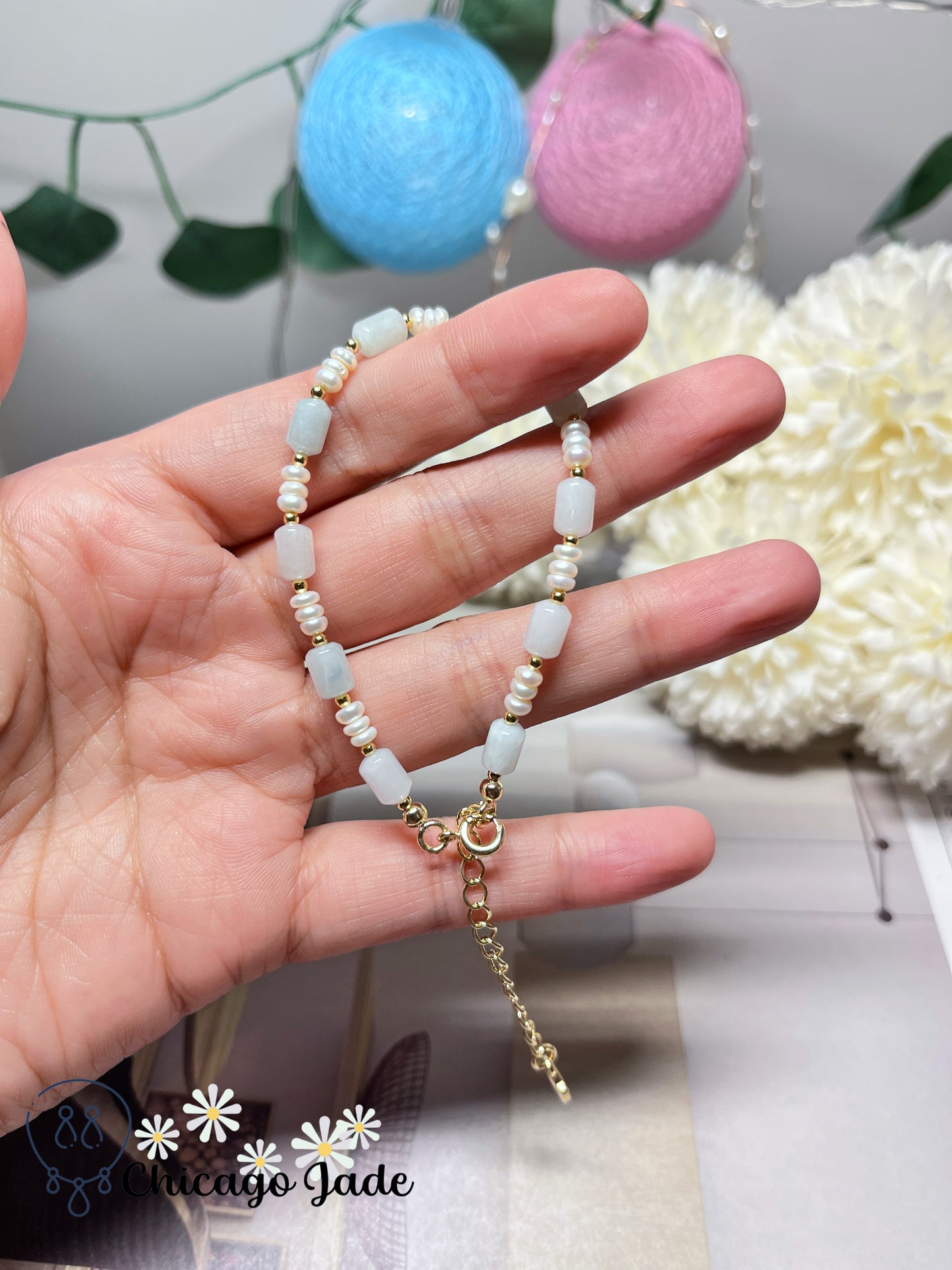 Elegant Pearl and Natural Jadeite Jade Feicui Beaded Bracelet Adjustable Handmade Untreated Grade A