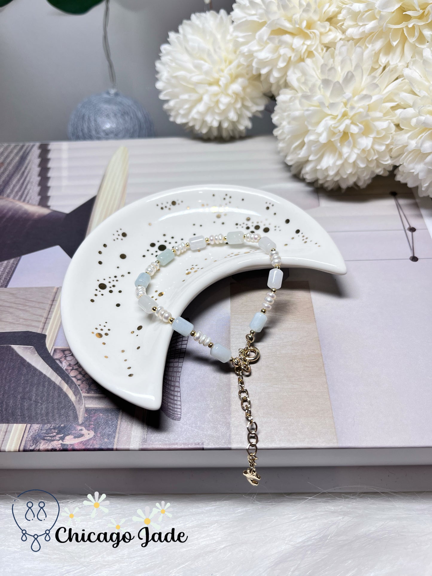 Elegant Pearl and Natural Jadeite Jade Feicui Beaded Bracelet Adjustable Handmade Untreated Grade A