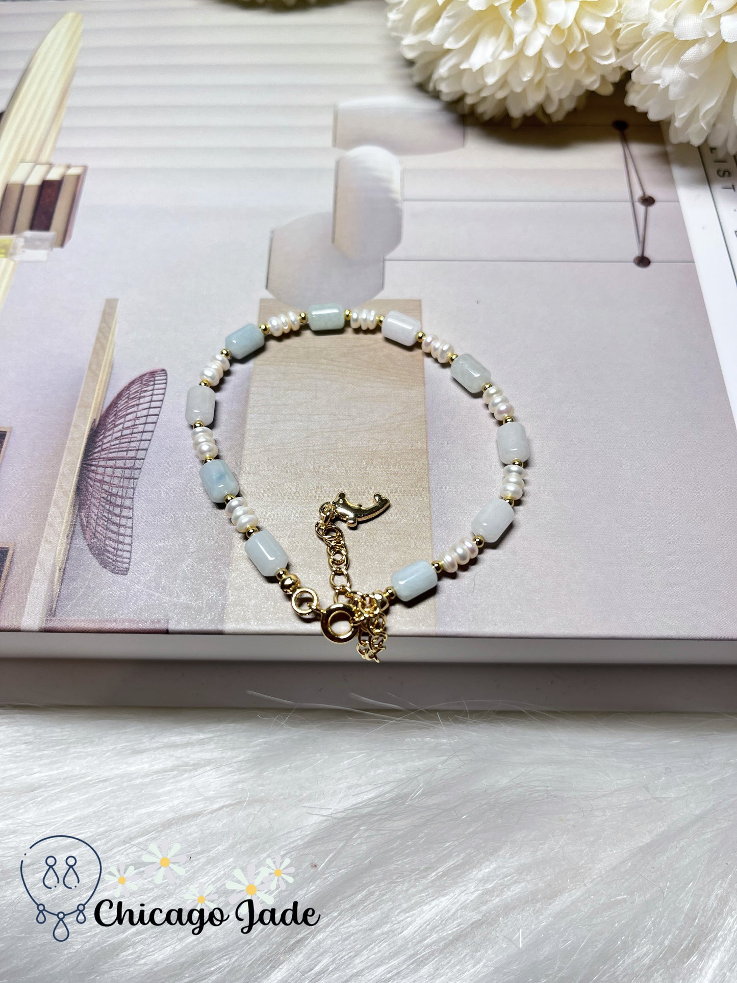 Elegant Pearl and Natural Jadeite Jade Feicui Beaded Bracelet Adjustable Handmade Untreated Grade A