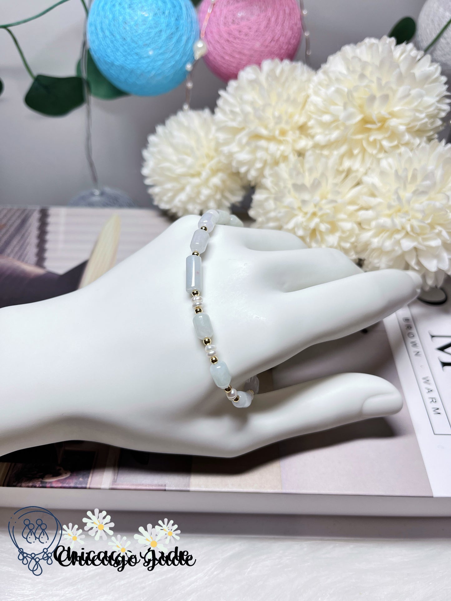 Elegant Pearl and Natural Jadeite Jade Feicui Beaded Bracelet Adjustable Handmade Untreated Grade A