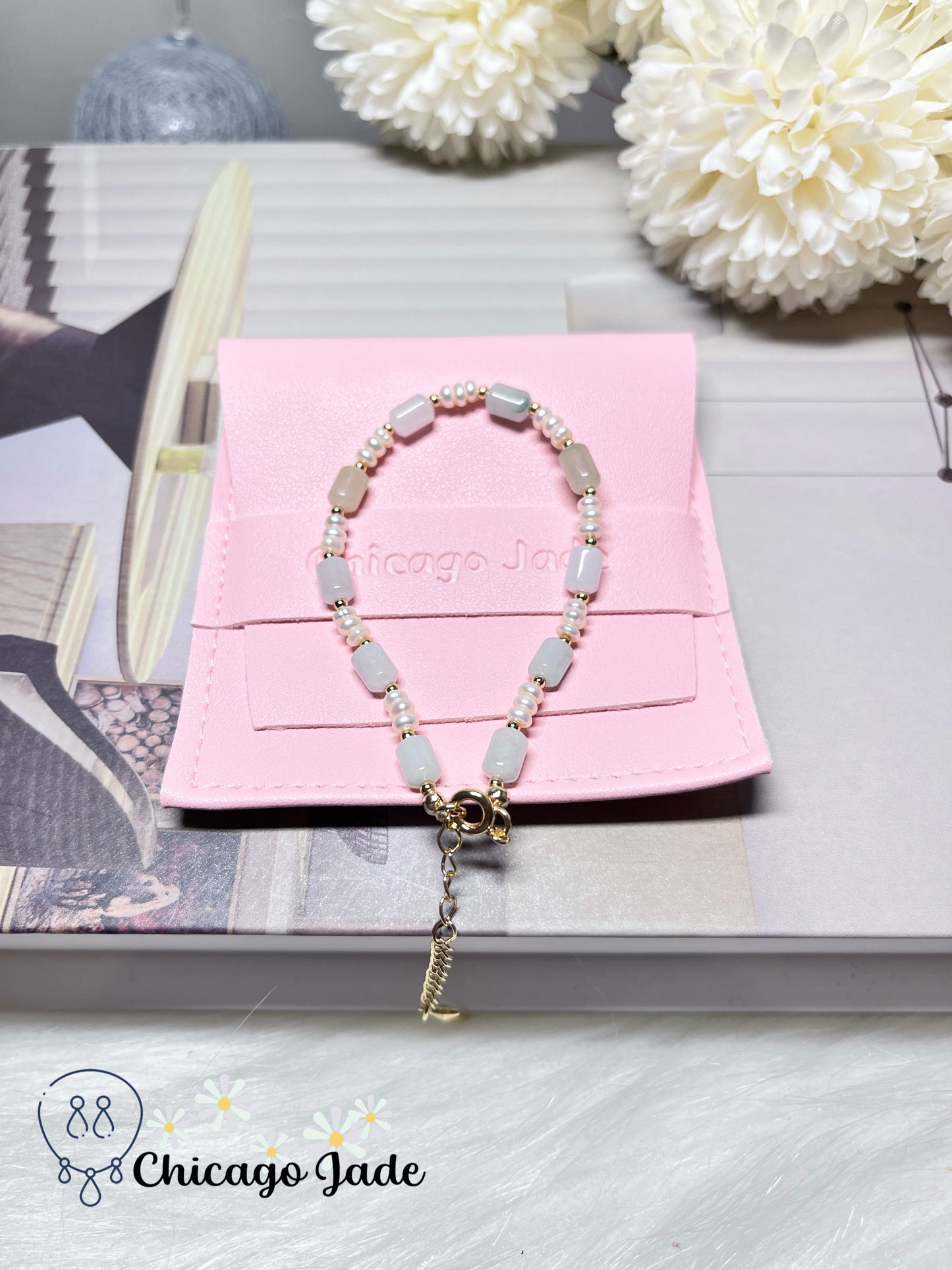 Multi-Color Natural Jadeite Jade Feicui Beads with Natural Freshwater Pearl Extendable Bracelet on Gold Plated Alloy