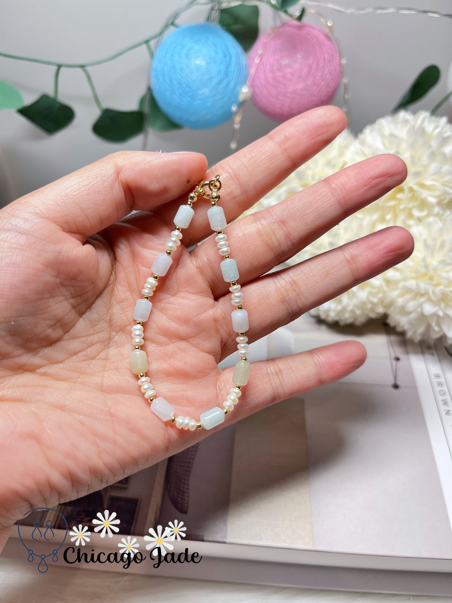 Multi-Color Natural Jadeite Jade Feicui Beads with Natural Freshwater Pearl Extendable Bracelet on Gold Plated Alloy