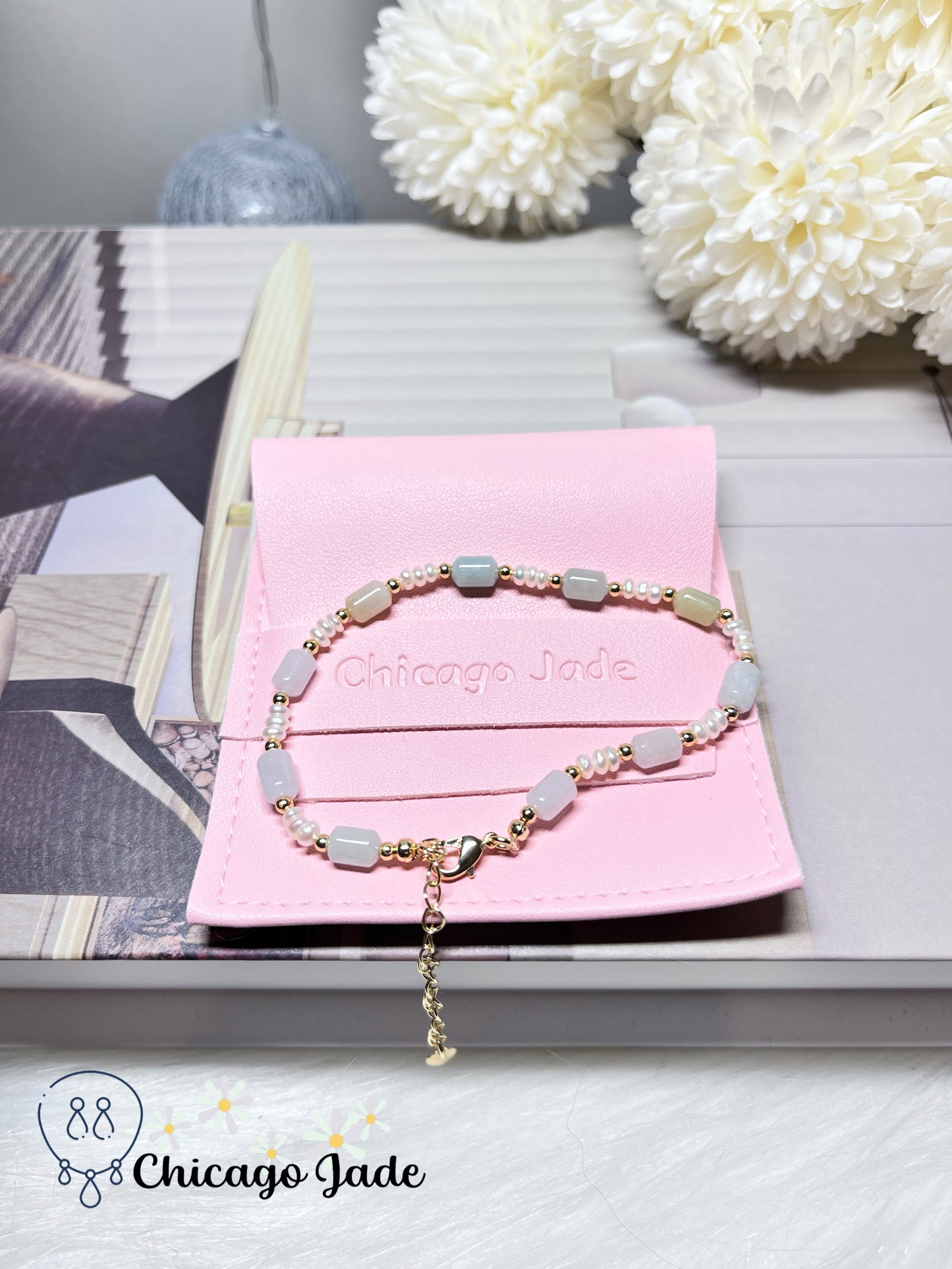 Freshwater Pearls with Natural Grade A Untreated Burma Jadeite Jade Feicui Beaded Bracelet Handmade Gift