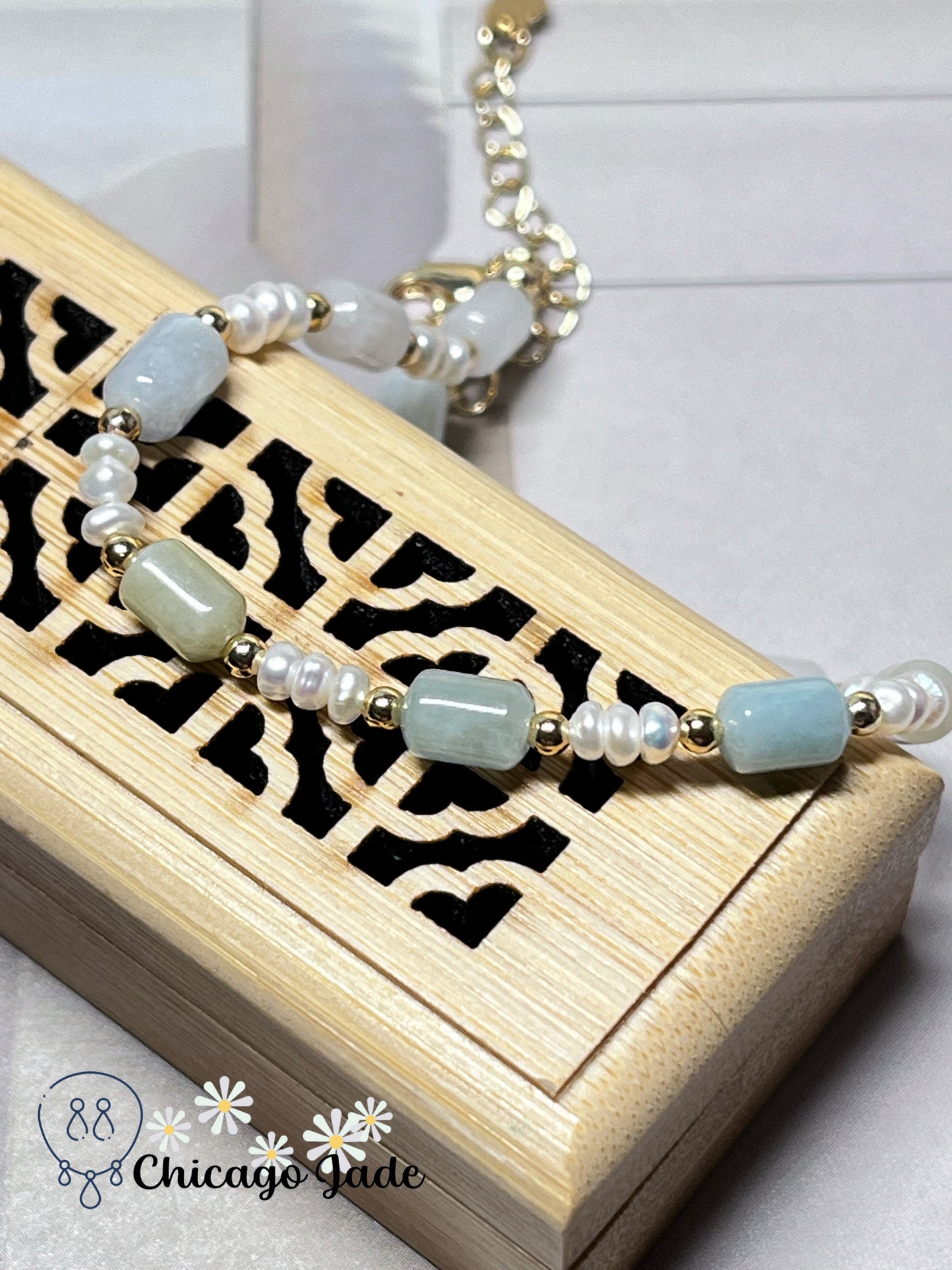 Freshwater Pearls with Natural Grade A Untreated Burma Jadeite Jade Feicui Beaded Bracelet Handmade Gift
