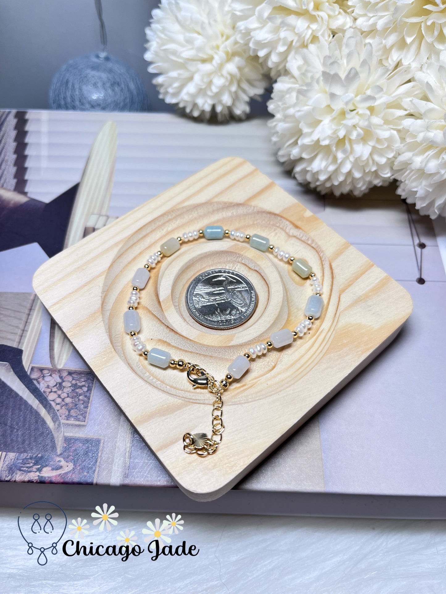 Freshwater Pearls with Natural Grade A Untreated Burma Jadeite Jade Feicui Beaded Bracelet Handmade Gift