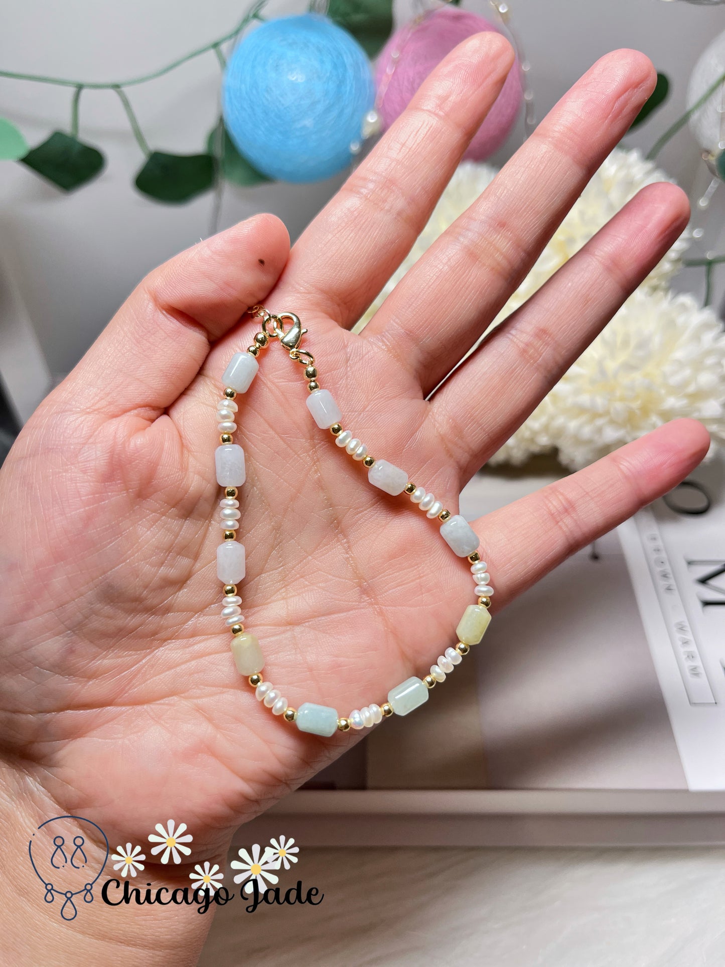 Freshwater Pearls with Natural Grade A Untreated Burma Jadeite Jade Feicui Beaded Bracelet Handmade Gift