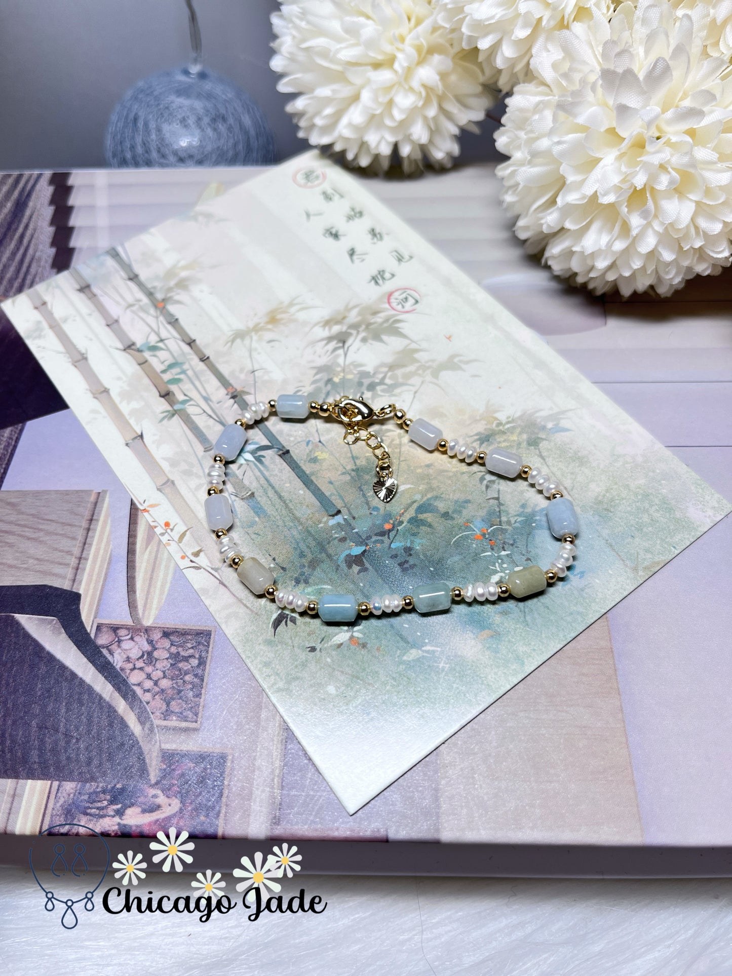 Freshwater Pearls with Natural Grade A Untreated Burma Jadeite Jade Feicui Beaded Bracelet Handmade Gift