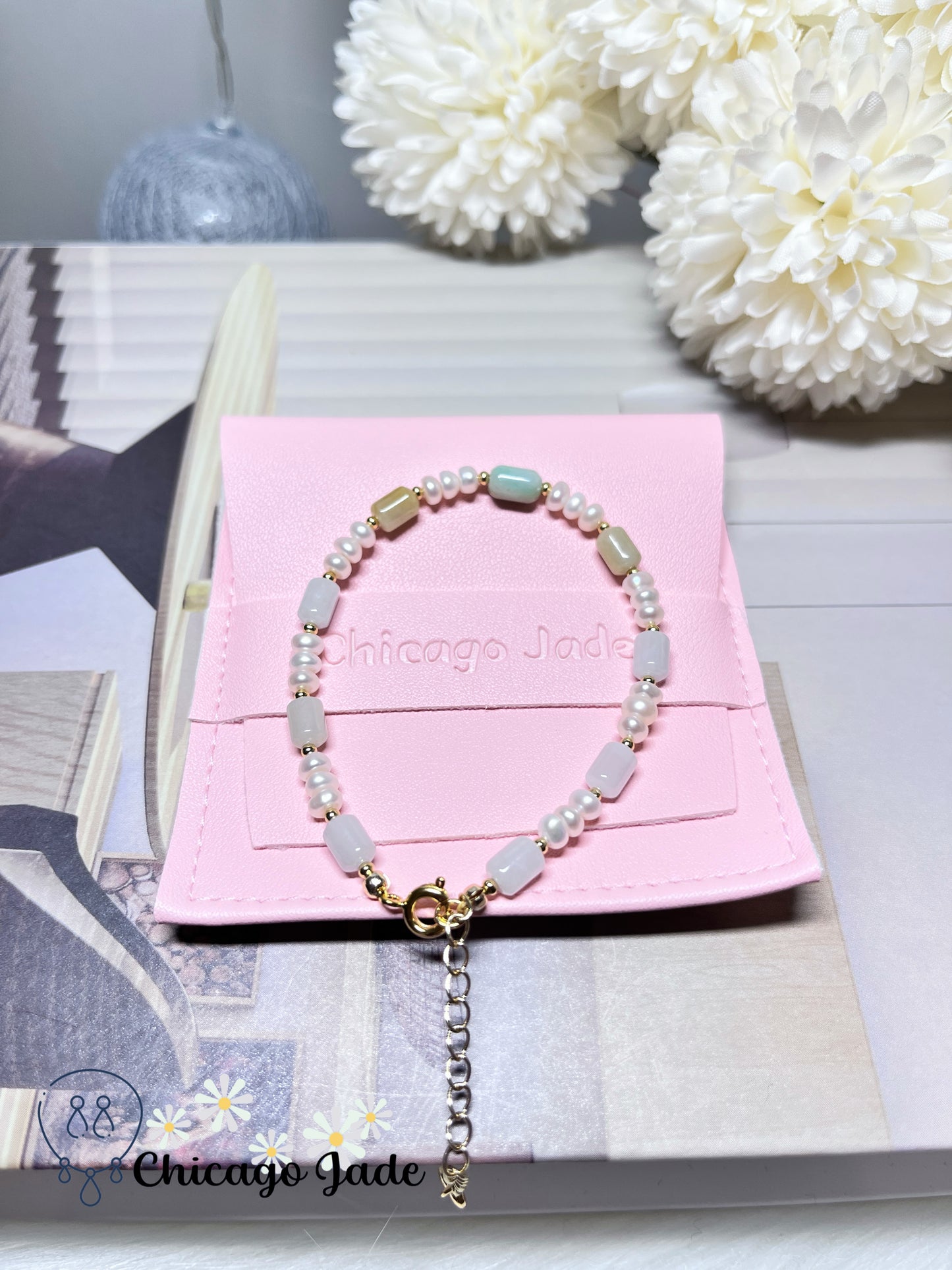 Multi-Color Natural Grade A Untreated Burma Jadeite Jade Feicui with Freshwater Pearls Handmade Bracelet