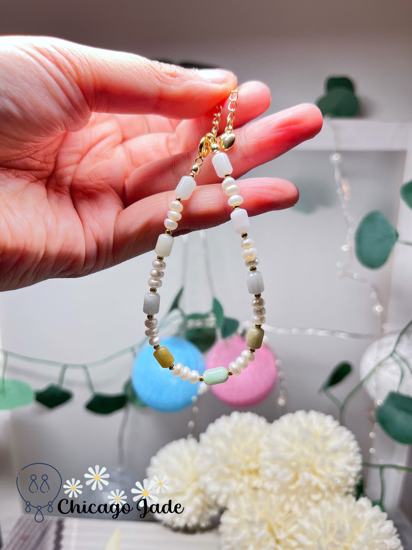 Multi-Color Natural Grade A Untreated Burma Jadeite Jade Feicui with Freshwater Pearls Handmade Bracelet