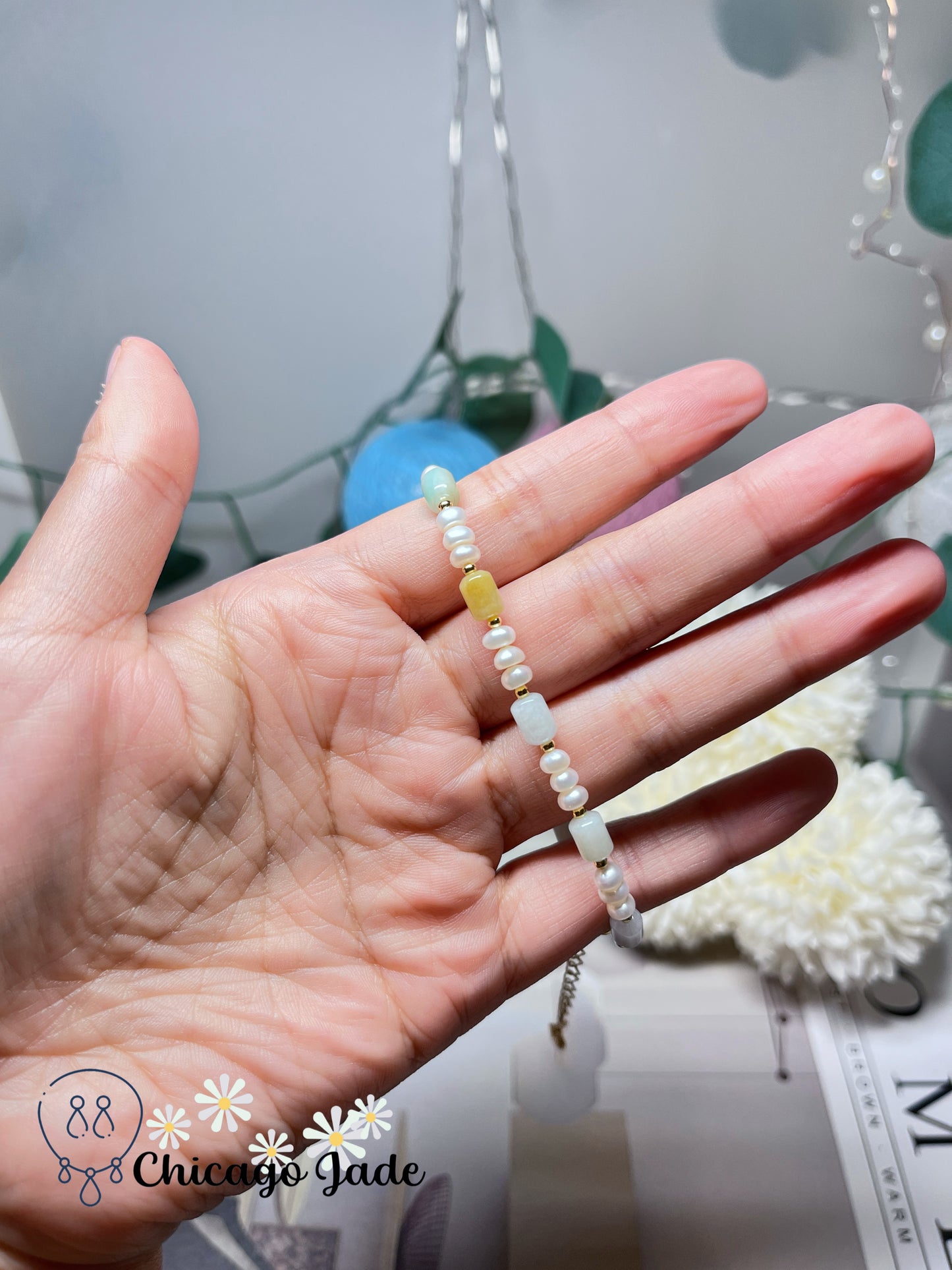 Multi-Color Natural Grade A Untreated Burma Jadeite Jade Feicui with Freshwater Pearls Handmade Bracelet