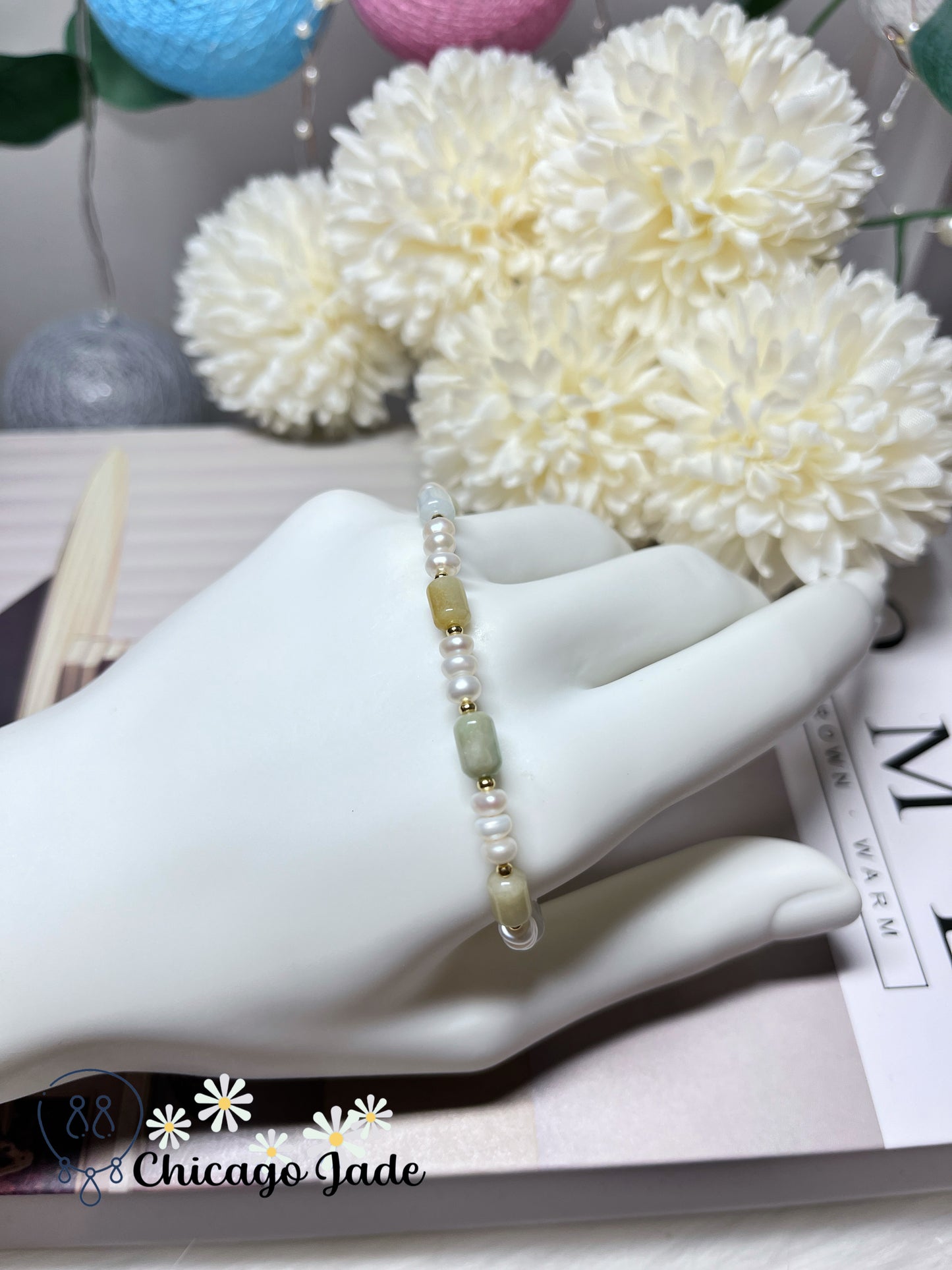 Multi-Color Natural Grade A Untreated Burma Jadeite Jade Feicui with Freshwater Pearls Handmade Bracelet