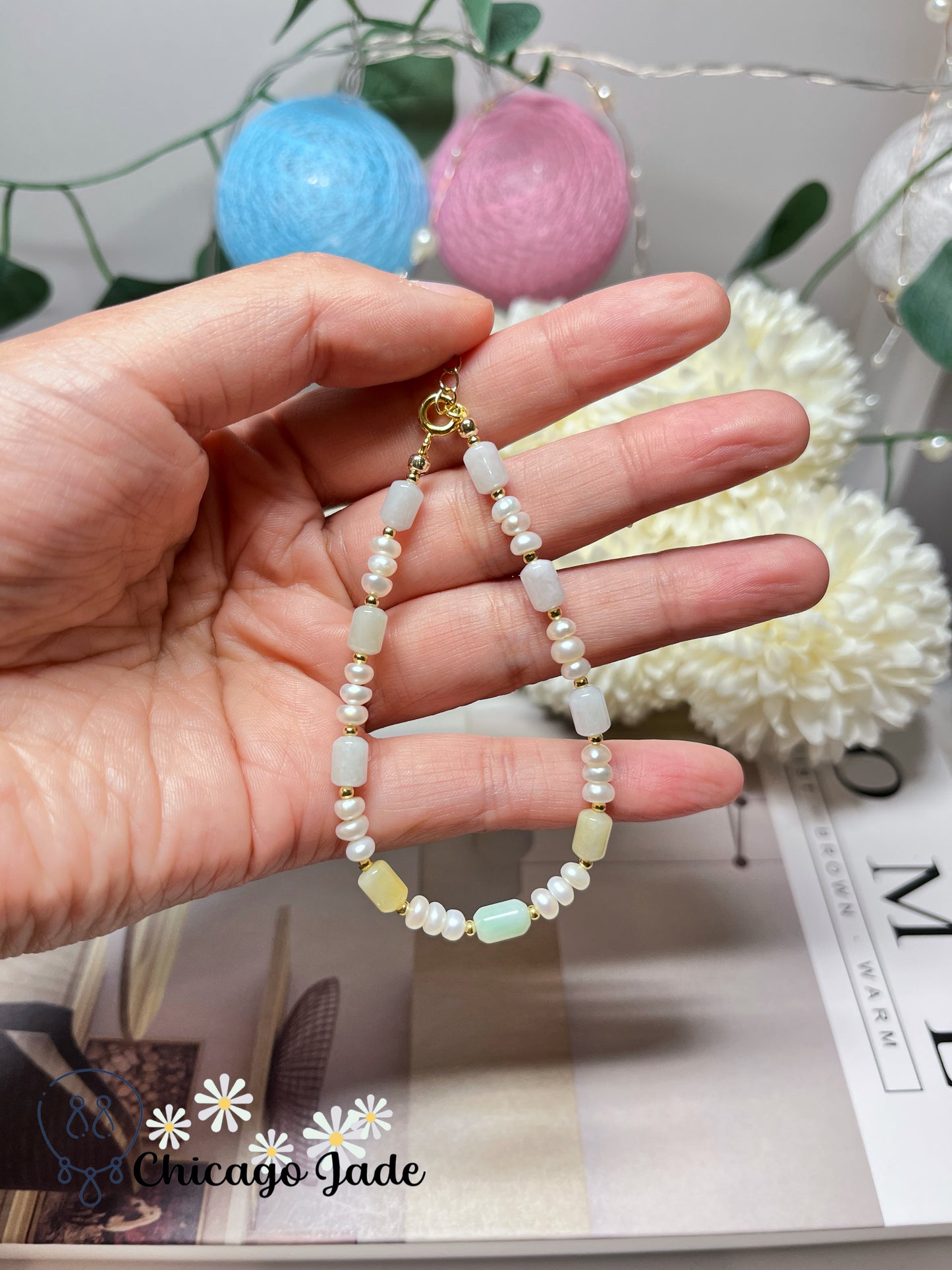 Multi-Color Natural Grade A Untreated Burma Jadeite Jade Feicui with Freshwater Pearls Handmade Bracelet