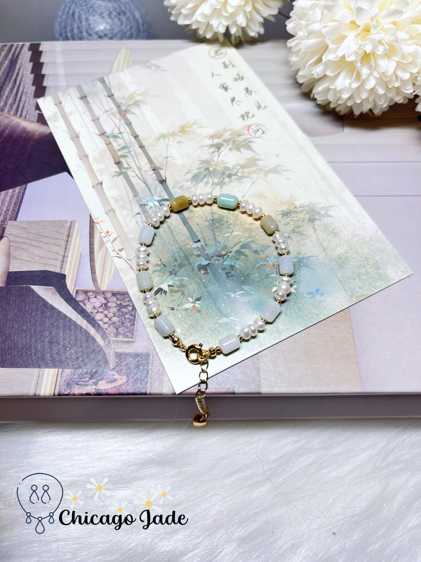 Multi-Color Natural Grade A Untreated Burma Jadeite Jade Feicui with Freshwater Pearls Handmade Bracelet