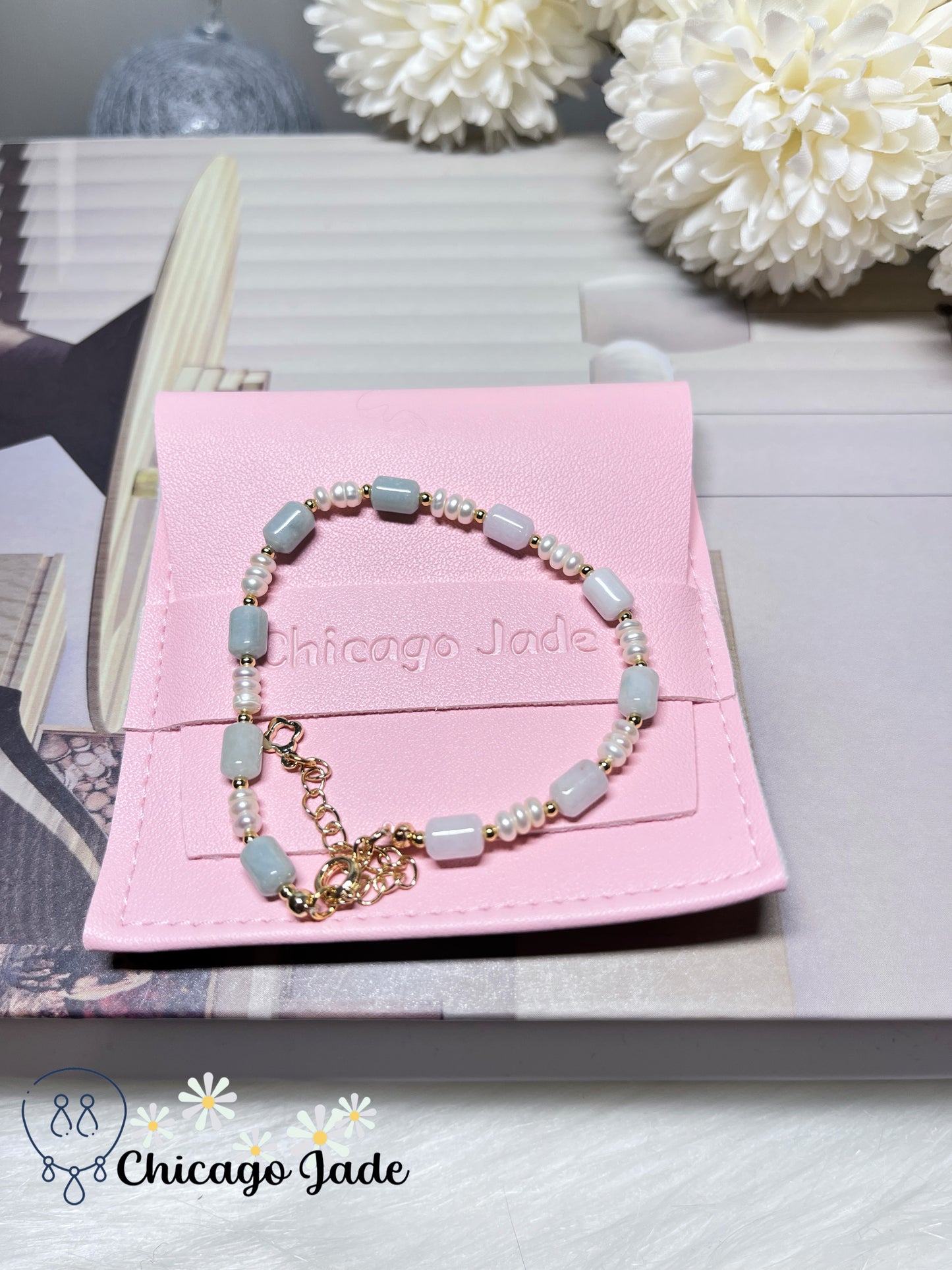 Natural Grade A Authentic Untreated Burma Jadeite Jade Feicui with Freshwater Pearls Handmade Gift