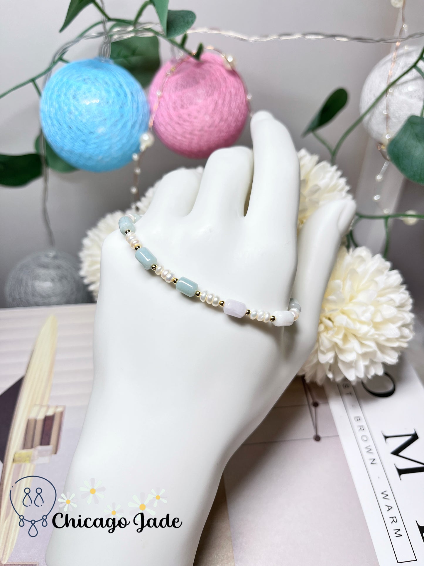 Natural Grade A Authentic Untreated Burma Jadeite Jade Feicui with Freshwater Pearls Handmade Gift