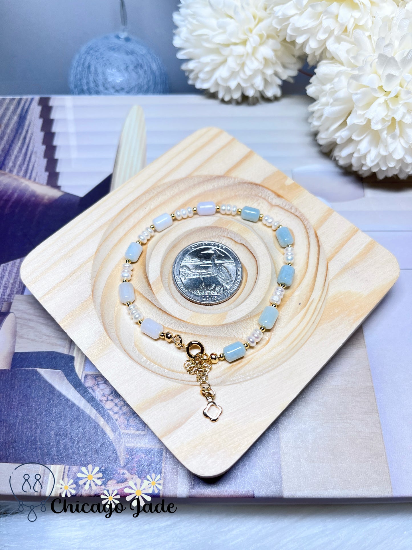 Natural Grade A Authentic Untreated Burma Jadeite Jade Feicui with Freshwater Pearls Handmade Gift