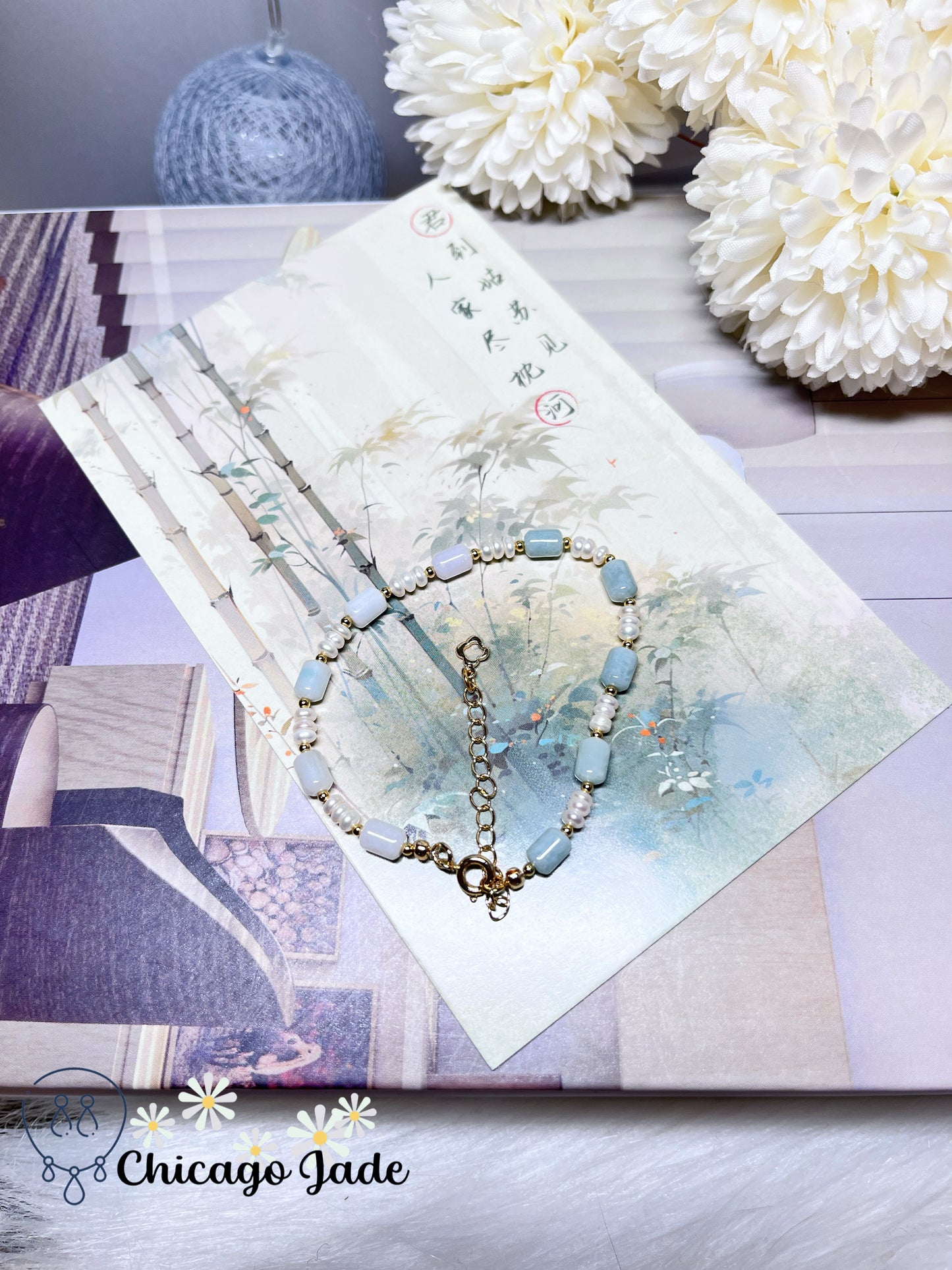 Natural Grade A Authentic Untreated Burma Jadeite Jade Feicui with Freshwater Pearls Handmade Gift