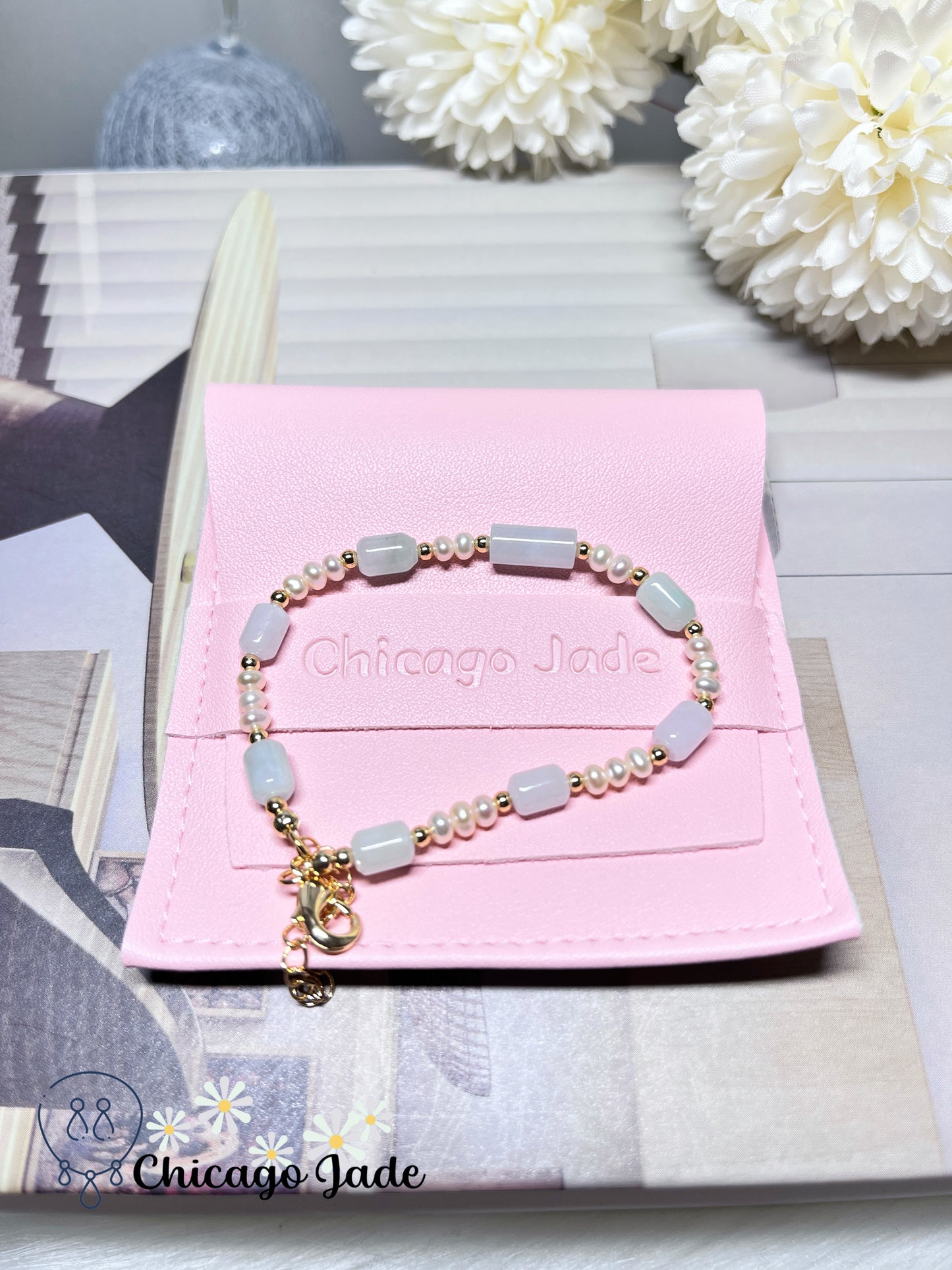 Natural Grade A Authentic Untreated Burma Jadeite Jade Feicui with Freshwater Pearls Handmade Bracelet
