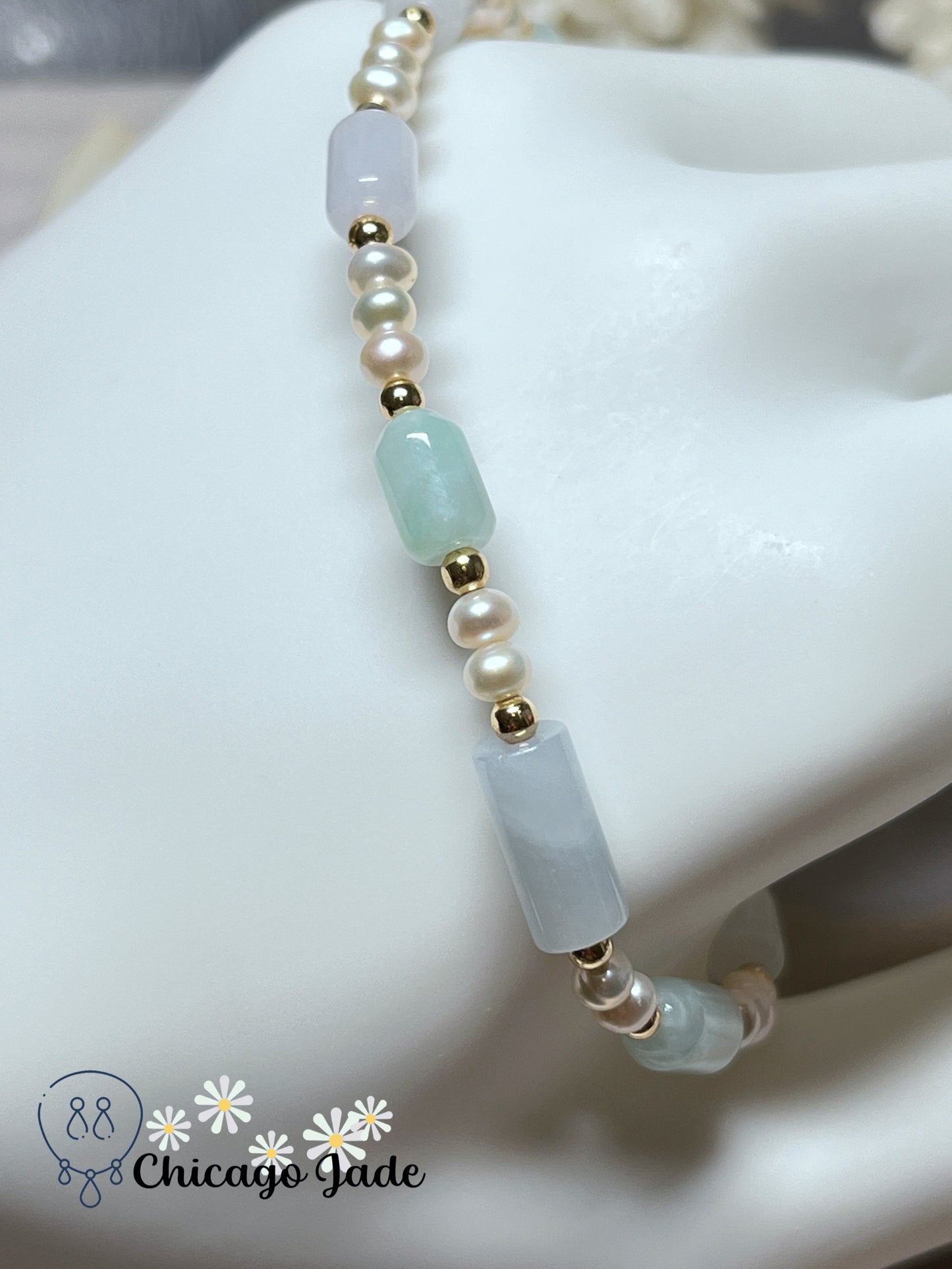Natural Grade A Authentic Untreated Burma Jadeite Jade Feicui with Freshwater Pearls Handmade Bracelet