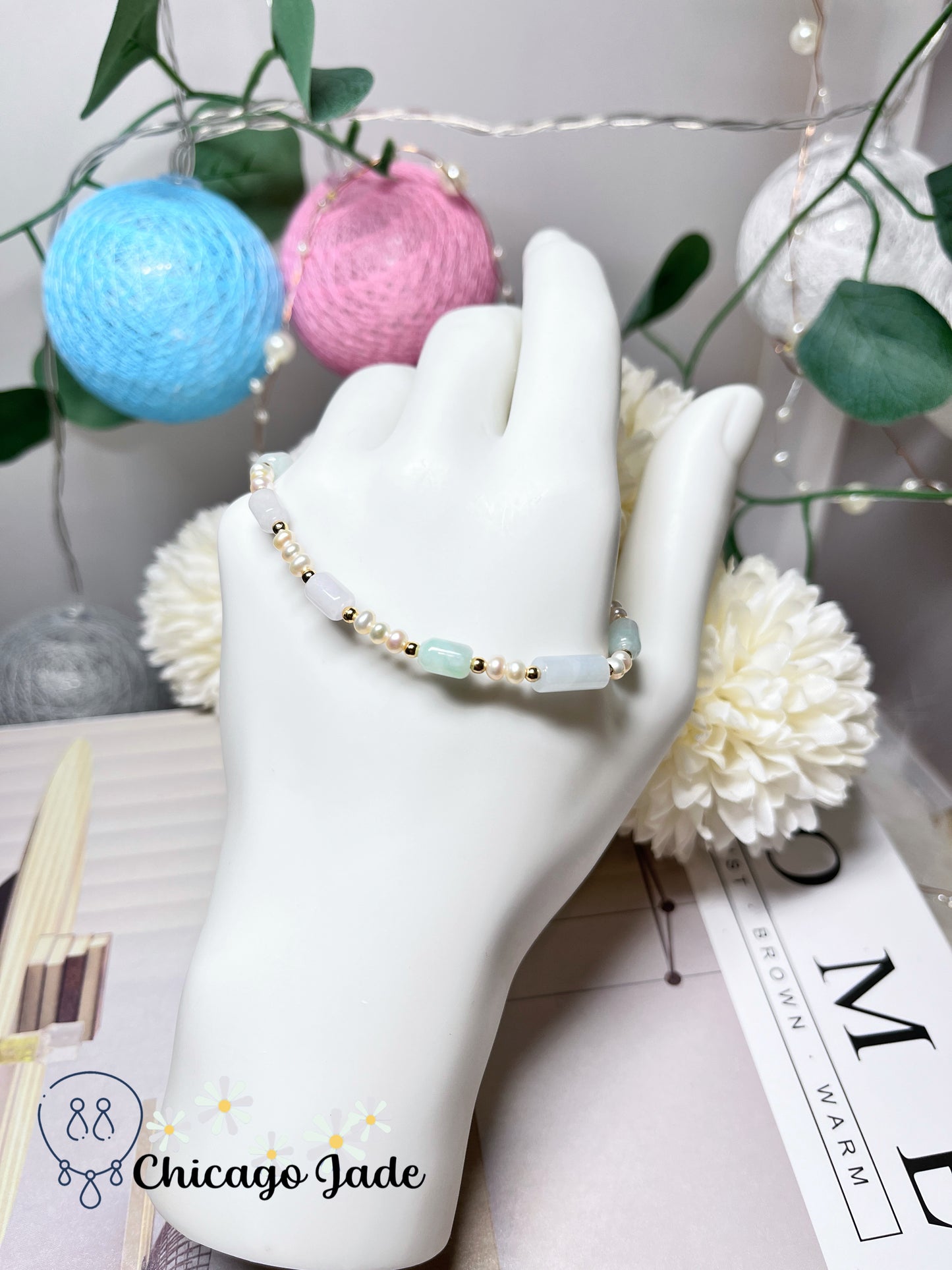 Natural Grade A Authentic Untreated Burma Jadeite Jade Feicui with Freshwater Pearls Handmade Bracelet