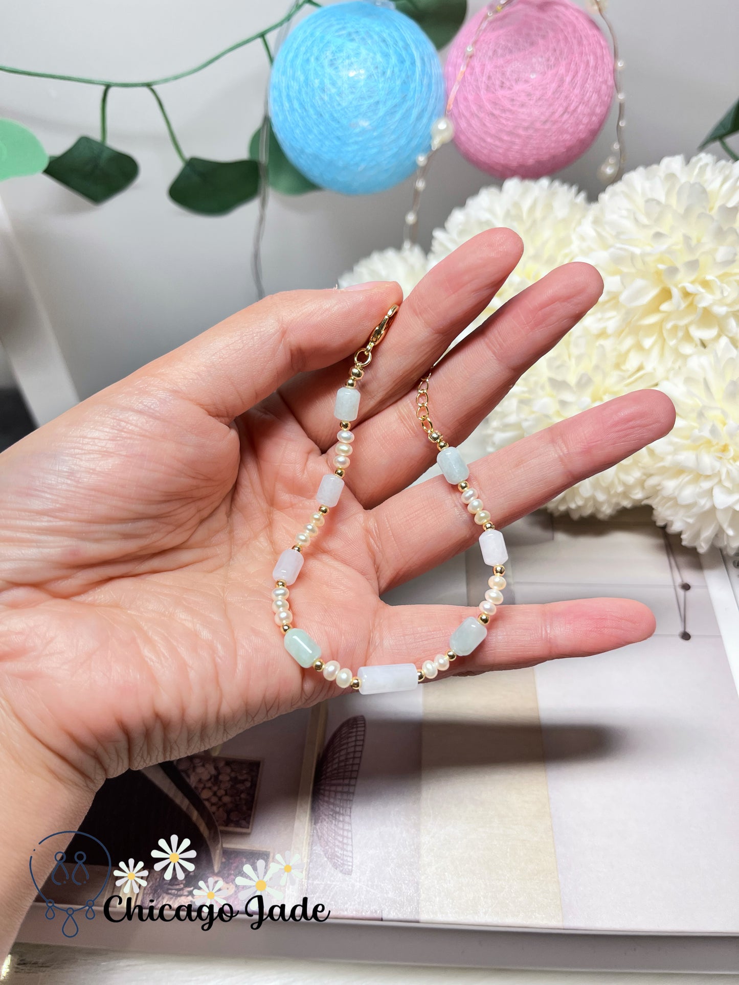 Natural Grade A Authentic Untreated Burma Jadeite Jade Feicui with Freshwater Pearls Handmade Bracelet