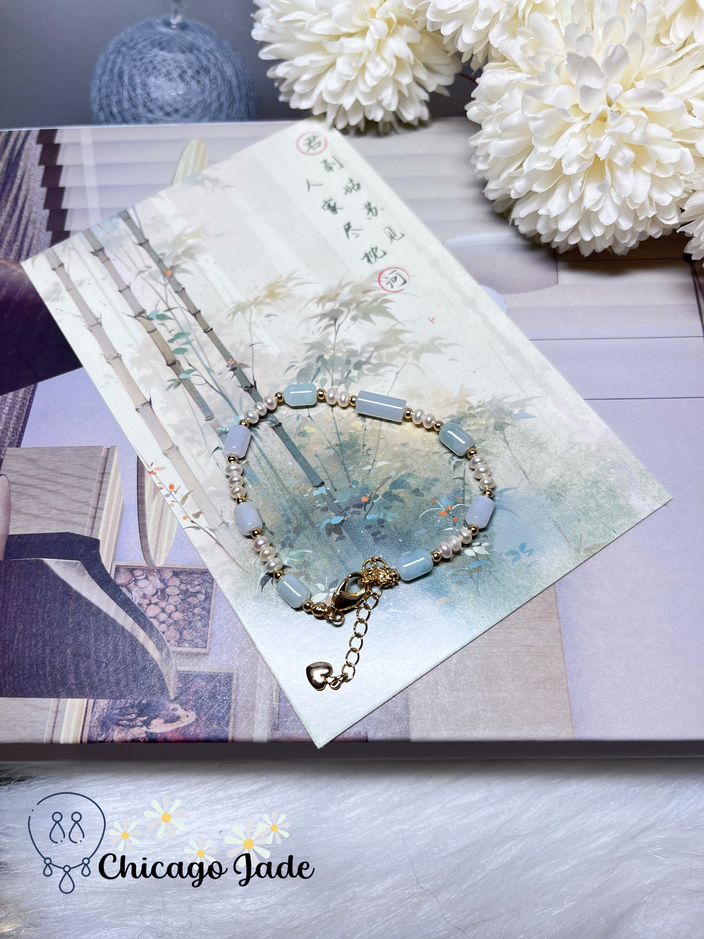 Natural Grade A Authentic Untreated Burma Jadeite Jade Feicui with Freshwater Pearls Handmade Bracelet