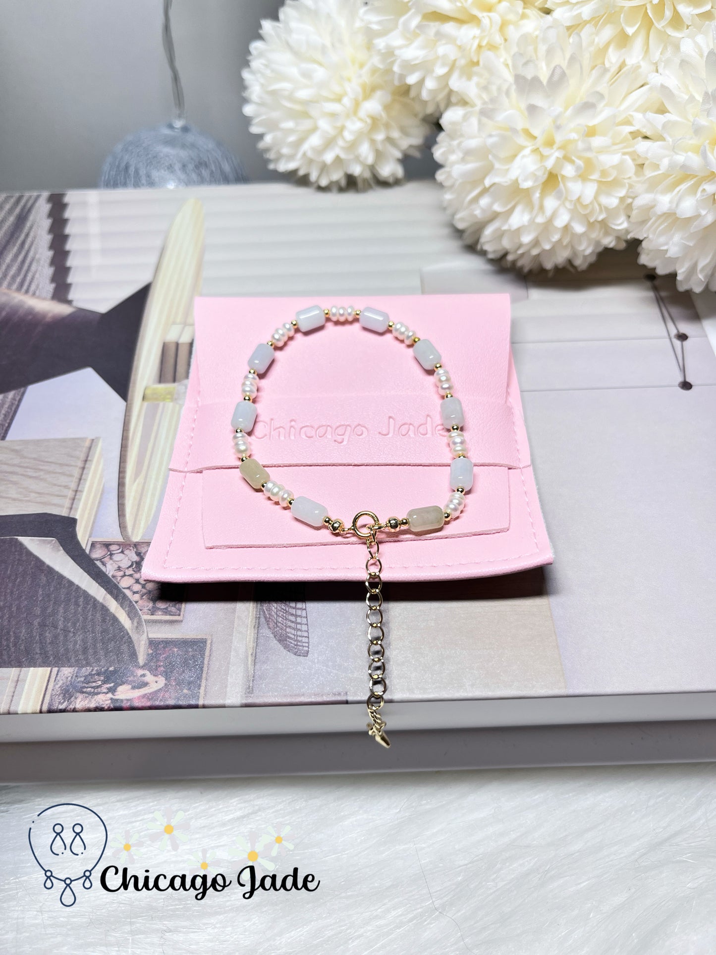 Elegant Multi-Color Natural Grade A Authentic Untreated Burma Jadeite Jade Feicui with Freshwater Pearls Handmade Bracelet