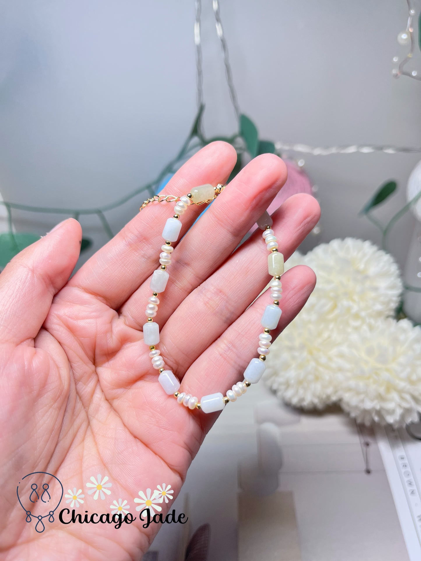 Elegant Multi-Color Natural Grade A Authentic Untreated Burma Jadeite Jade Feicui with Freshwater Pearls Handmade Bracelet