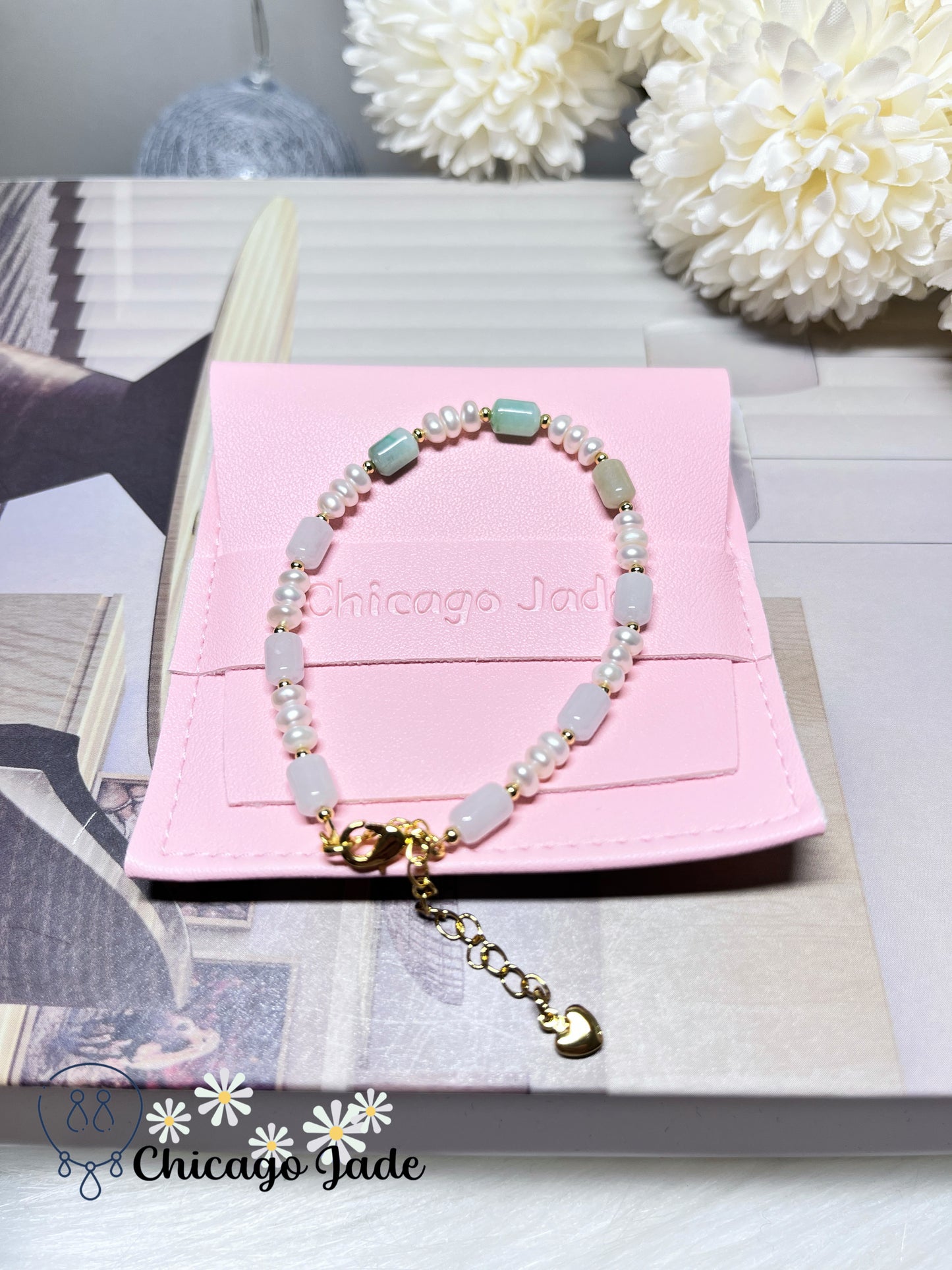Natural Grade A Authentic Untreated Burma Jadeite Jade Feicui Beaded Bracelet with Freshwater Pearls
