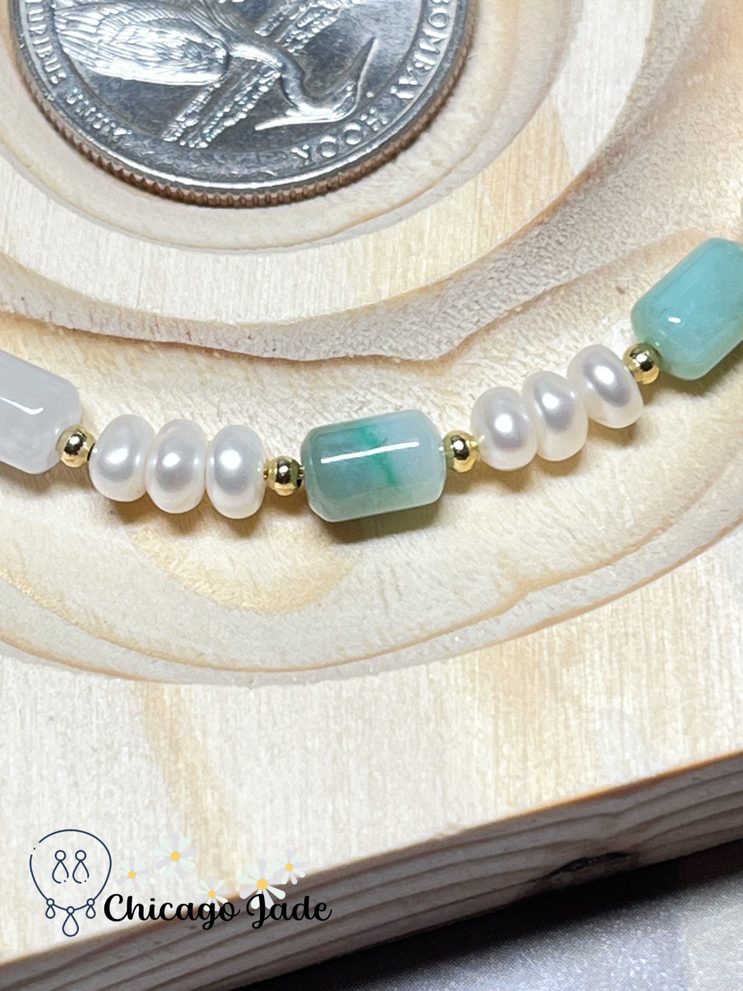 Natural Grade A Authentic Untreated Burma Jadeite Jade Feicui Beaded Bracelet with Freshwater Pearls