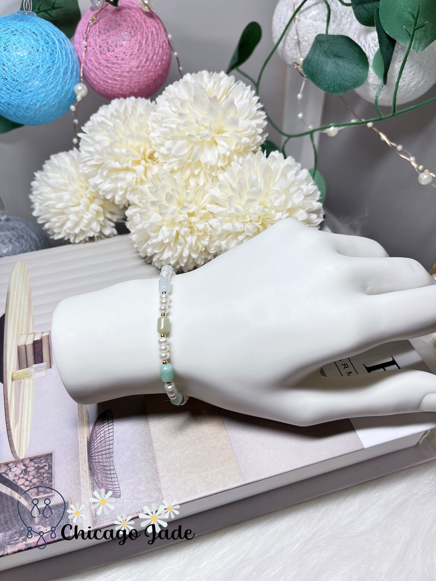 Natural Grade A Authentic Untreated Burma Jadeite Jade Feicui Beaded Bracelet with Freshwater Pearls