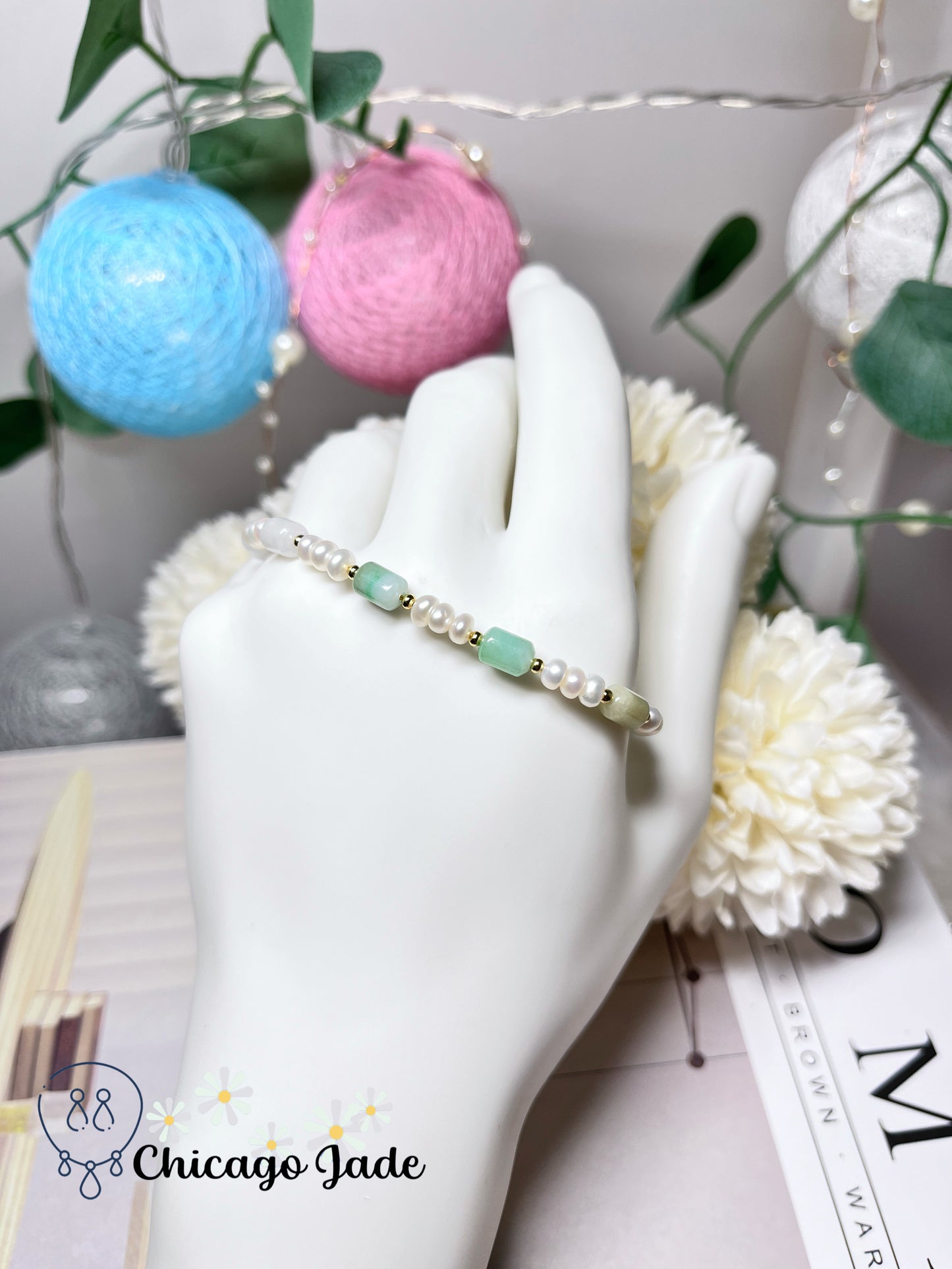 Natural Grade A Authentic Untreated Burma Jadeite Jade Feicui Beaded Bracelet with Freshwater Pearls