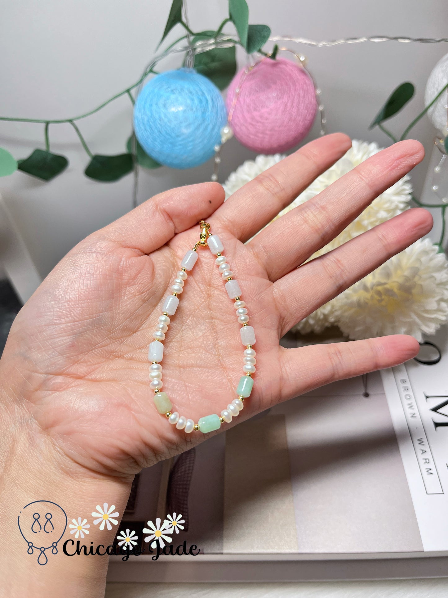 Natural Grade A Authentic Untreated Burma Jadeite Jade Feicui Beaded Bracelet with Freshwater Pearls