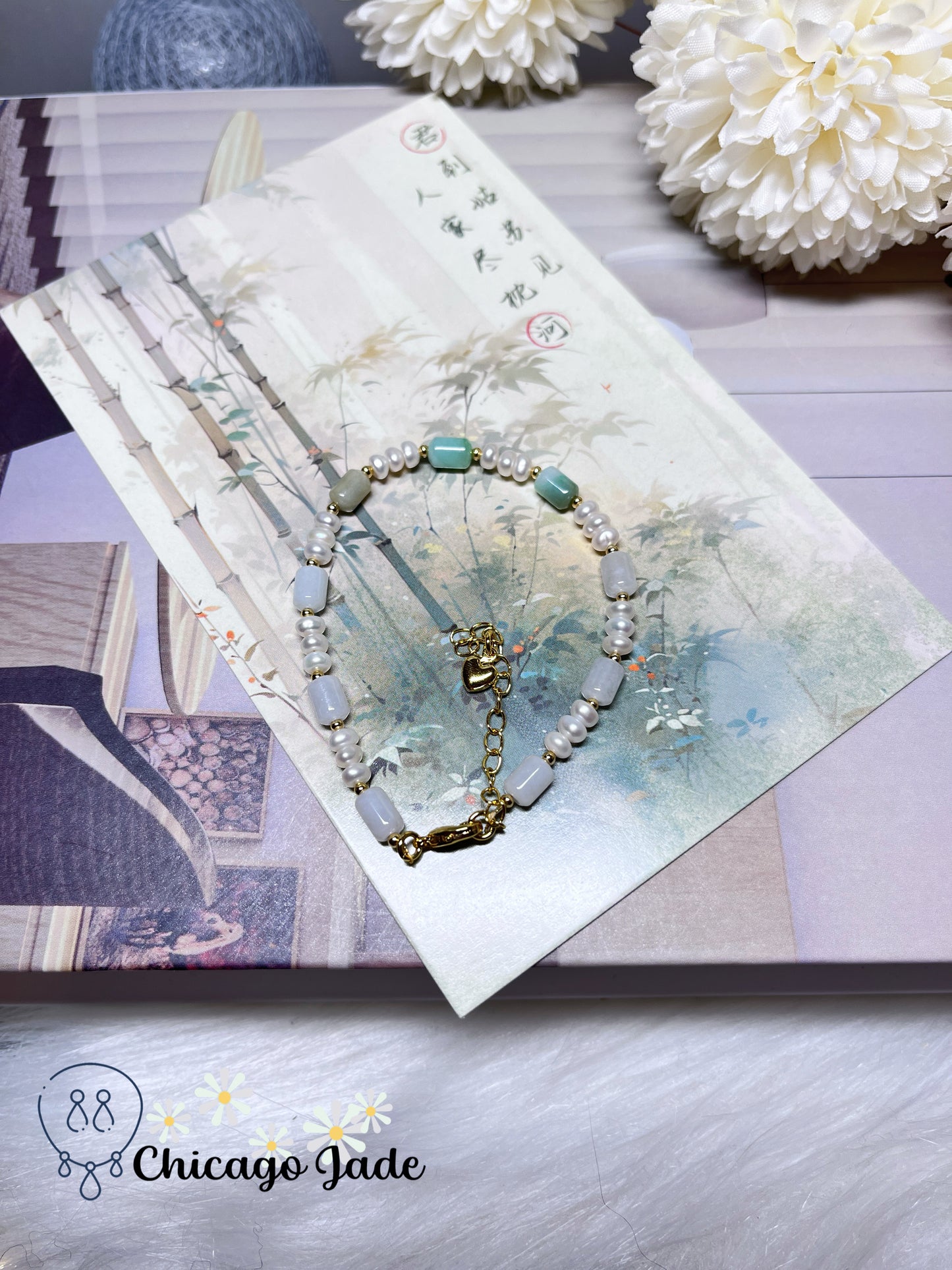Natural Grade A Authentic Untreated Burma Jadeite Jade Feicui Beaded Bracelet with Freshwater Pearls