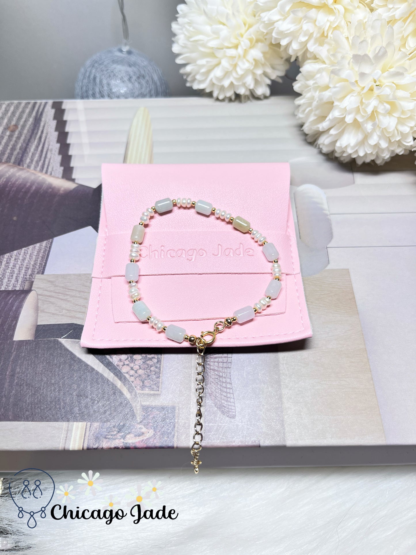 Natural Grade A Authentic Untreated Burma Jadeite Jade Feicui with Freshwater Pearls Handmade Bracelet