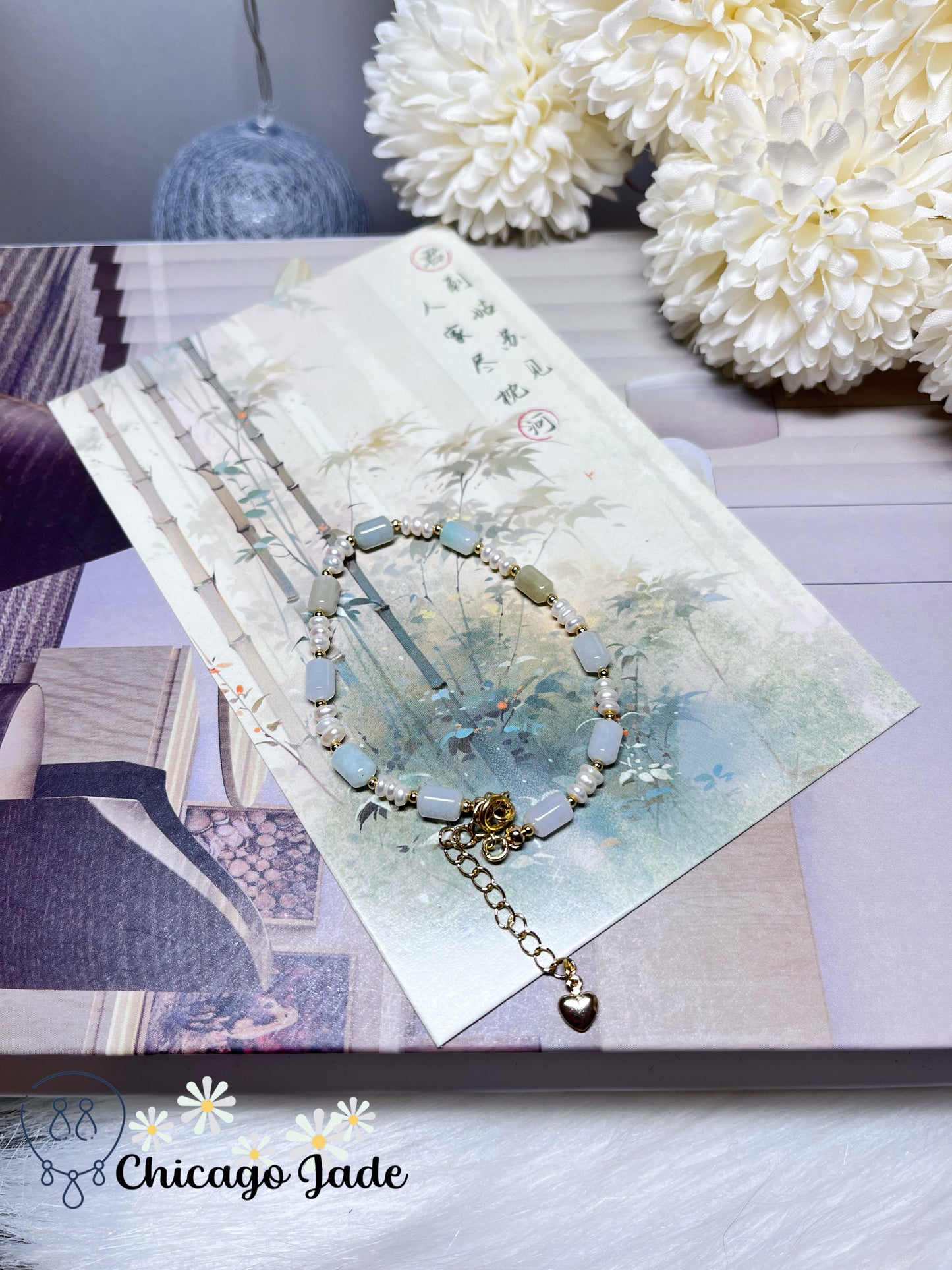 Natural Grade A Authentic Untreated Burma Jadeite Jade Feicui with Freshwater Pearls Handmade Bracelet