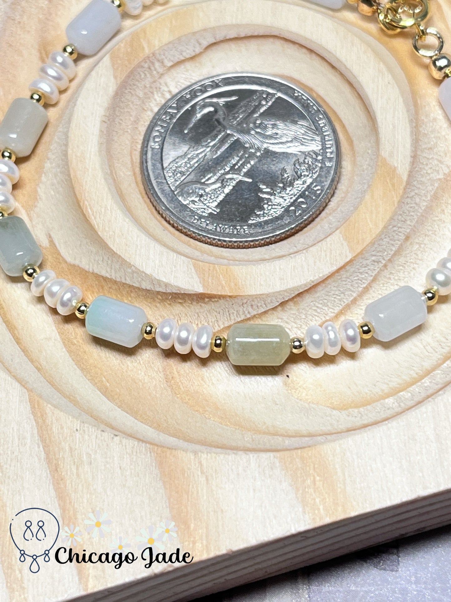 Natural Grade A Authentic Untreated Burma Jadeite Jade Feicui with Freshwater Pearls Handmade Bracelet