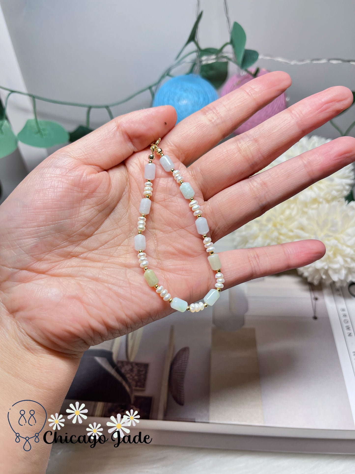 Natural Grade A Authentic Untreated Burma Jadeite Jade Feicui with Freshwater Pearls Handmade Bracelet