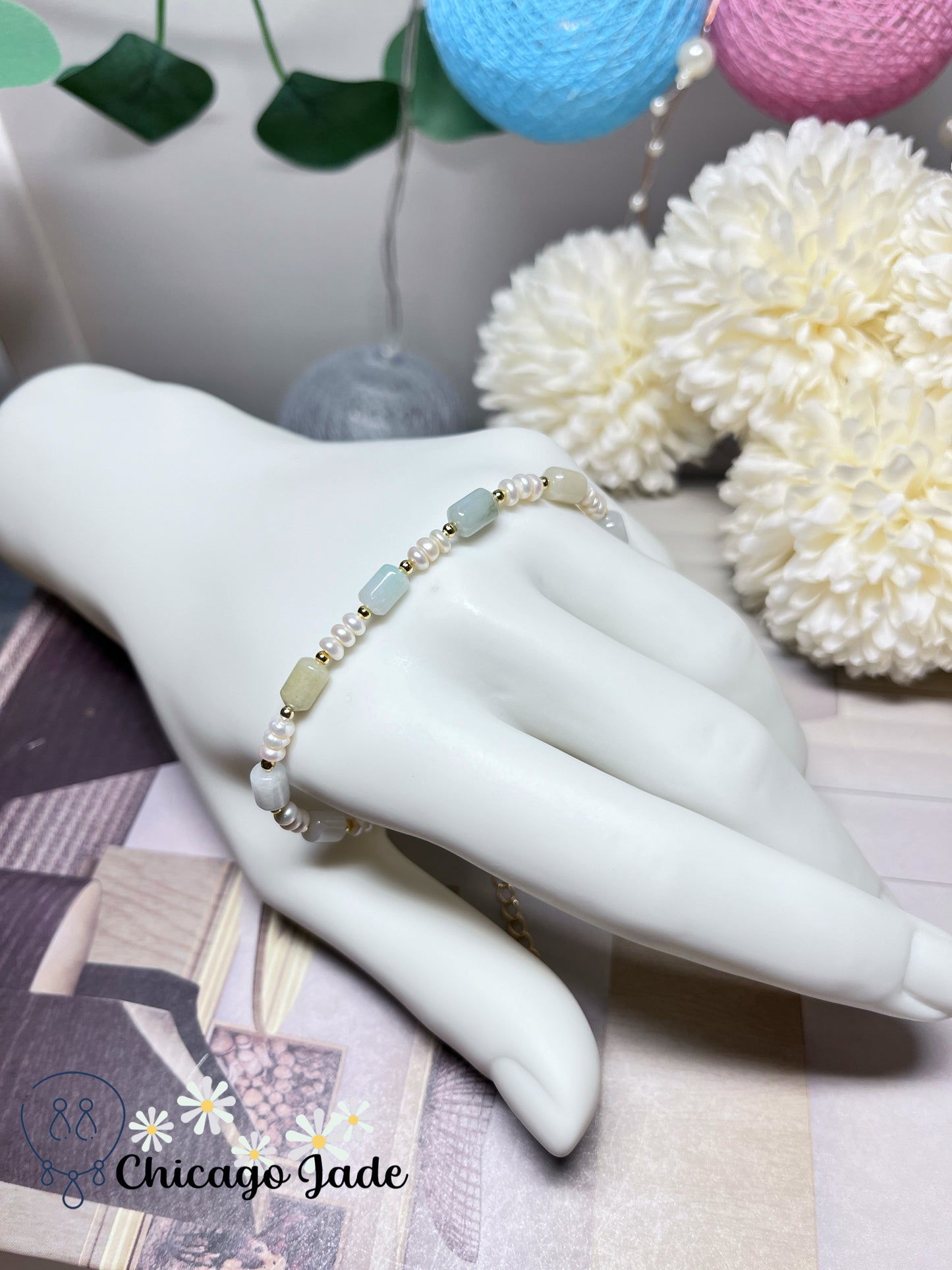 Natural Grade A Authentic Untreated Burma Jadeite Jade Feicui with Freshwater Pearls Handmade Bracelet