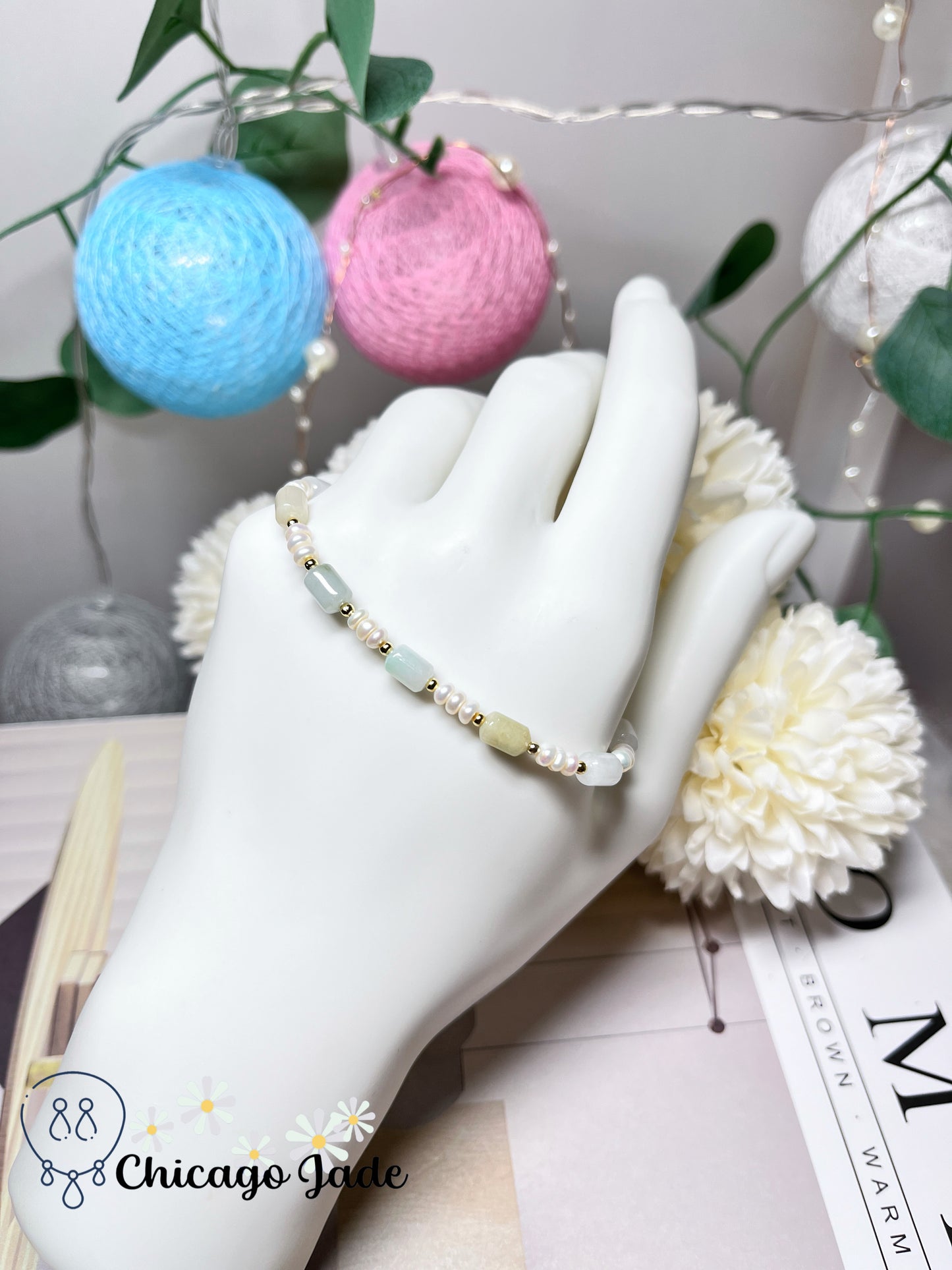 Natural Grade A Authentic Untreated Burma Jadeite Jade Feicui with Freshwater Pearls Handmade Bracelet