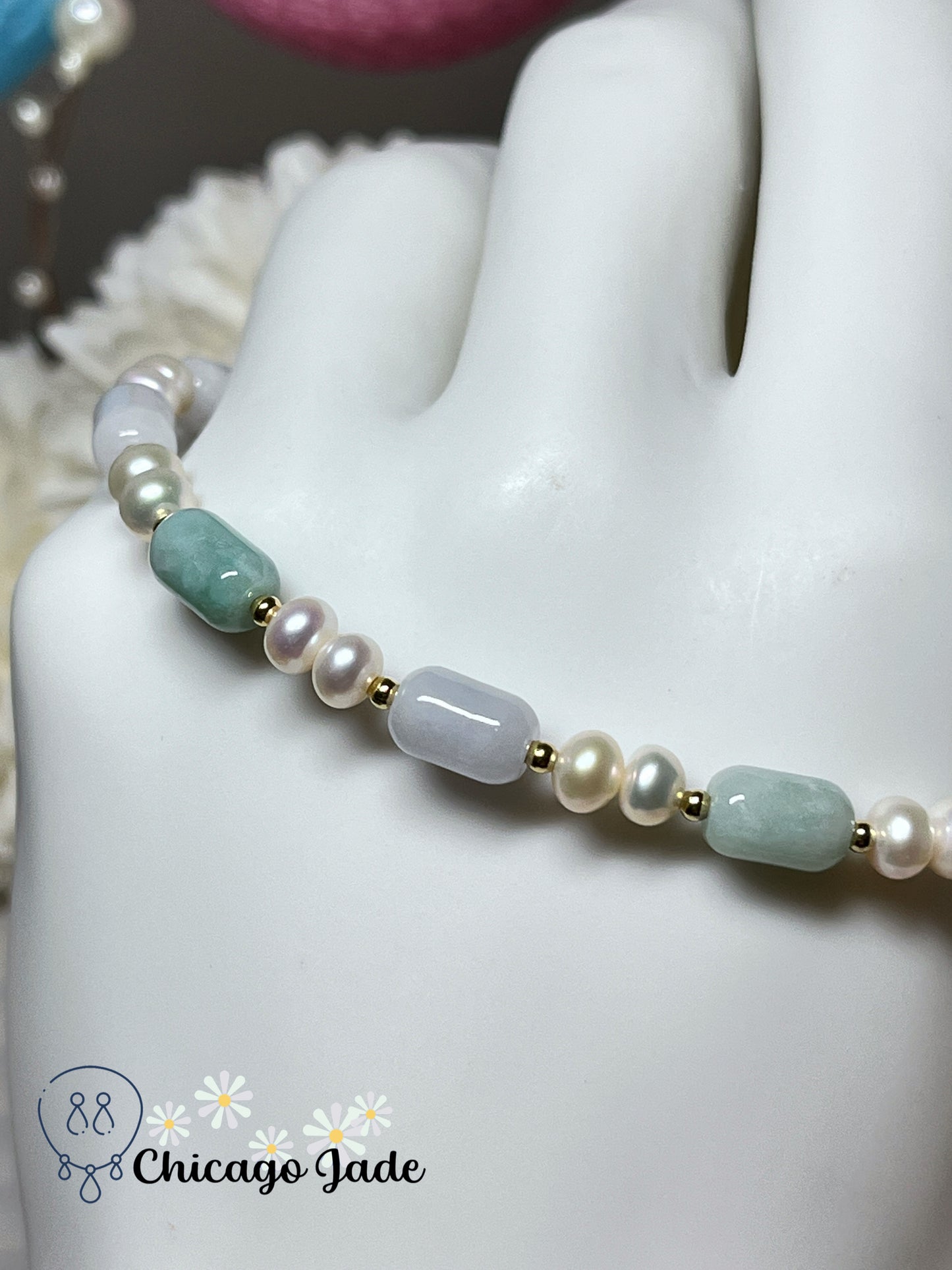 Multi-Color Natural Grade A Untreated Burma Jadeite Jade Feicui with Freshwater Pearls Handmade Beaded Bracelet